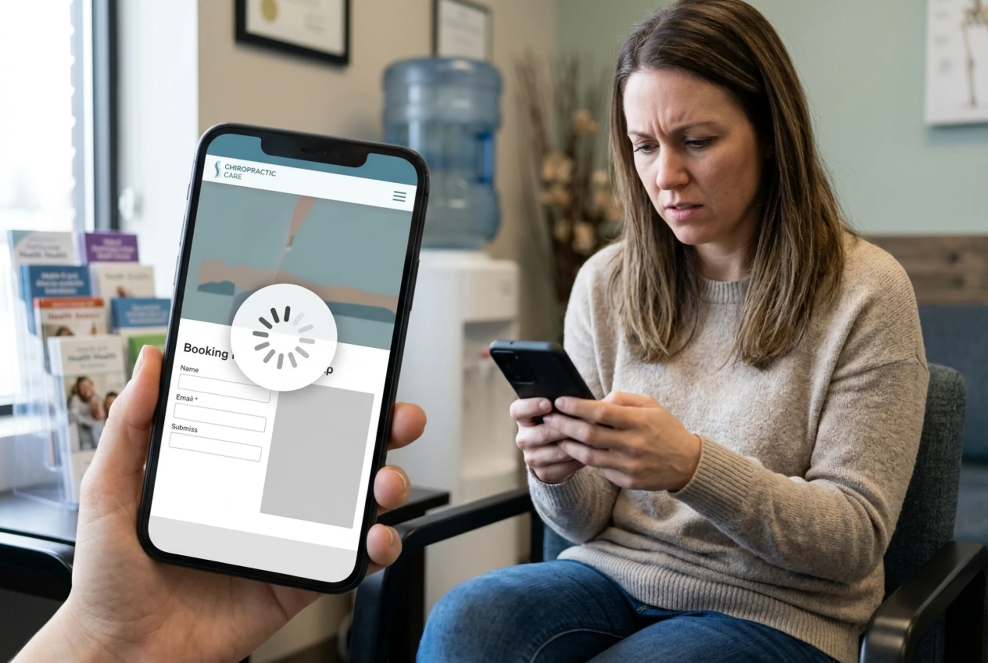Patient in waiting room visibly frustrated, holding a smartphone that shows a chiropractor website mid-load with a spinning loader over a broken booking form and a blank map area