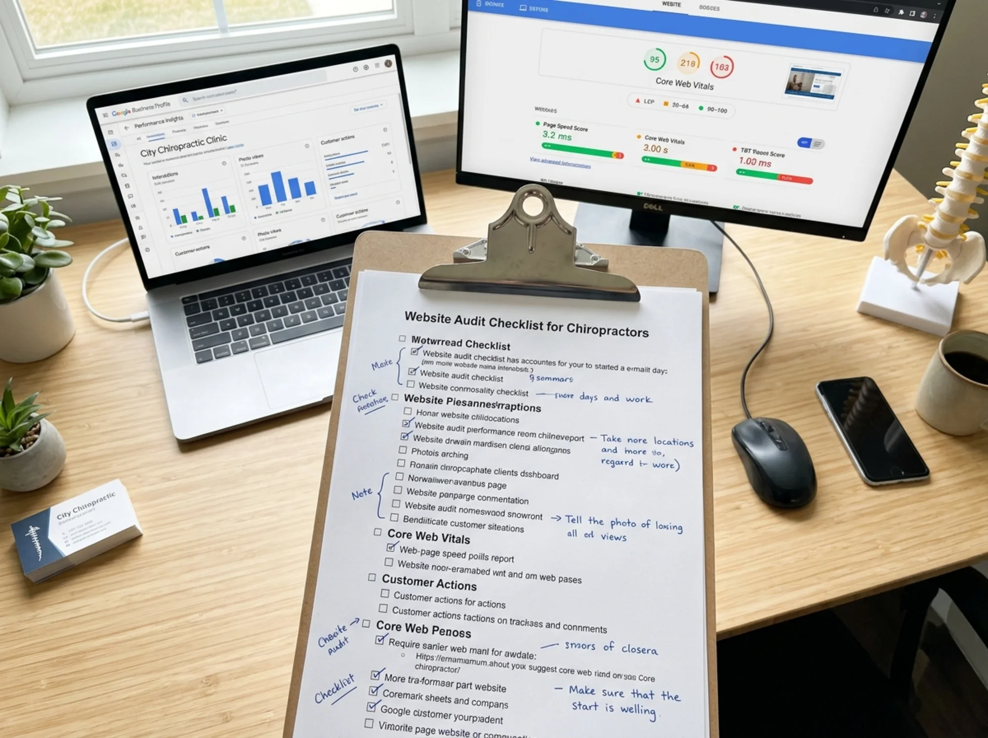 Overhead shot of a chiropractor's desk with a printed audit checklist on a clipboard, a laptop showing Google Business Profile performance insights, and a second monitor displaying Core Web Vitals scores for the clinic site