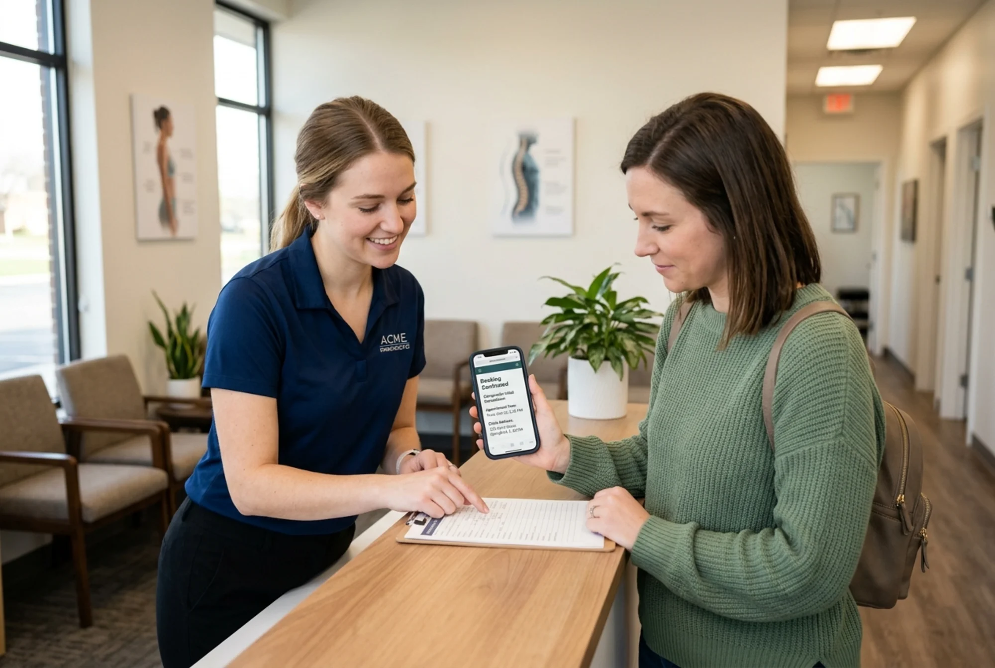 Front-desk staff at a chiropractic clinic warmly greeting a new patient who is showing their phone screen displaying a clean booking confirmation page with appointment time and clinic address