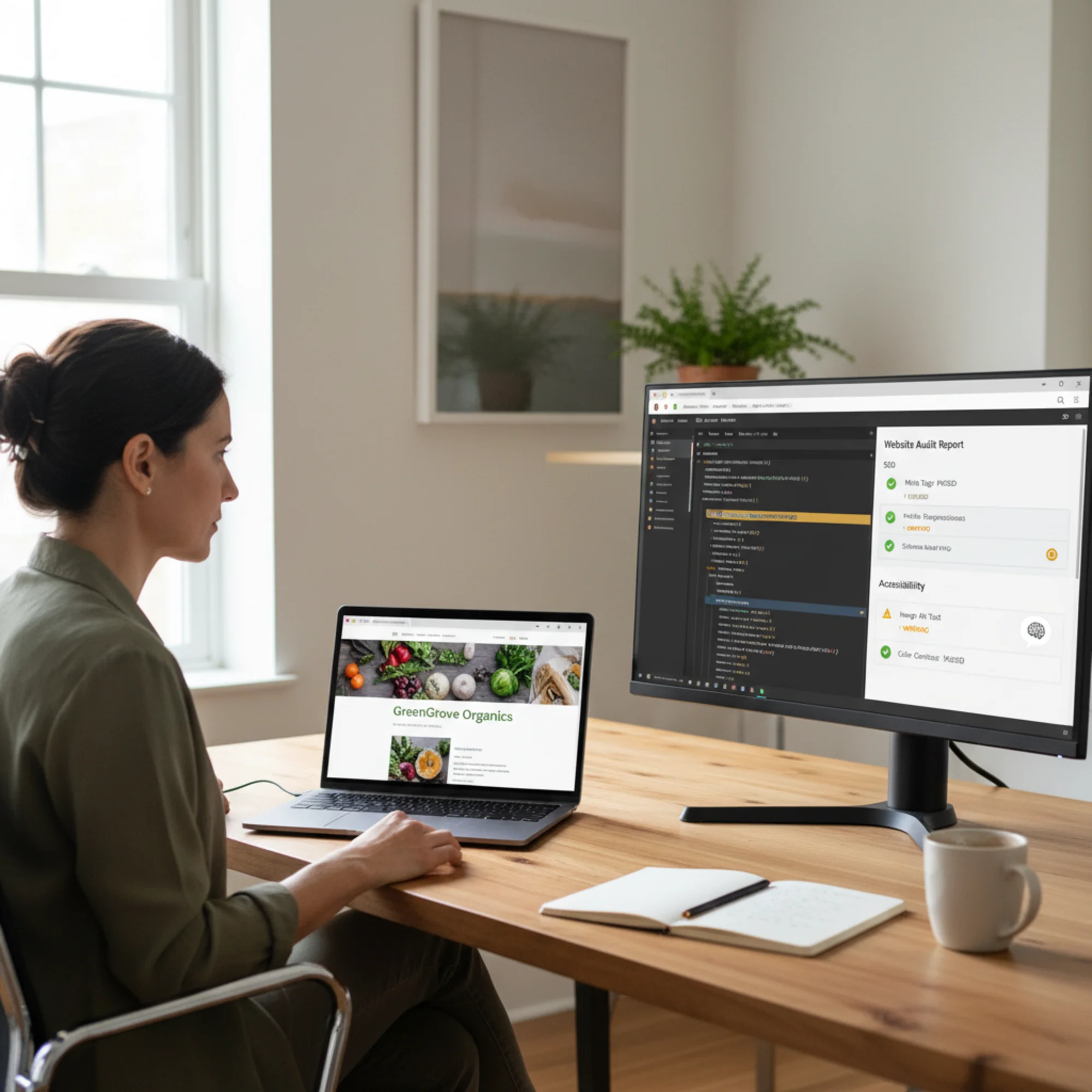 A small business owner reviewing their Cursor-built website on a laptop, with the Cursor AI code editor visible on a second monitor showing React component code, in a bright modern home office