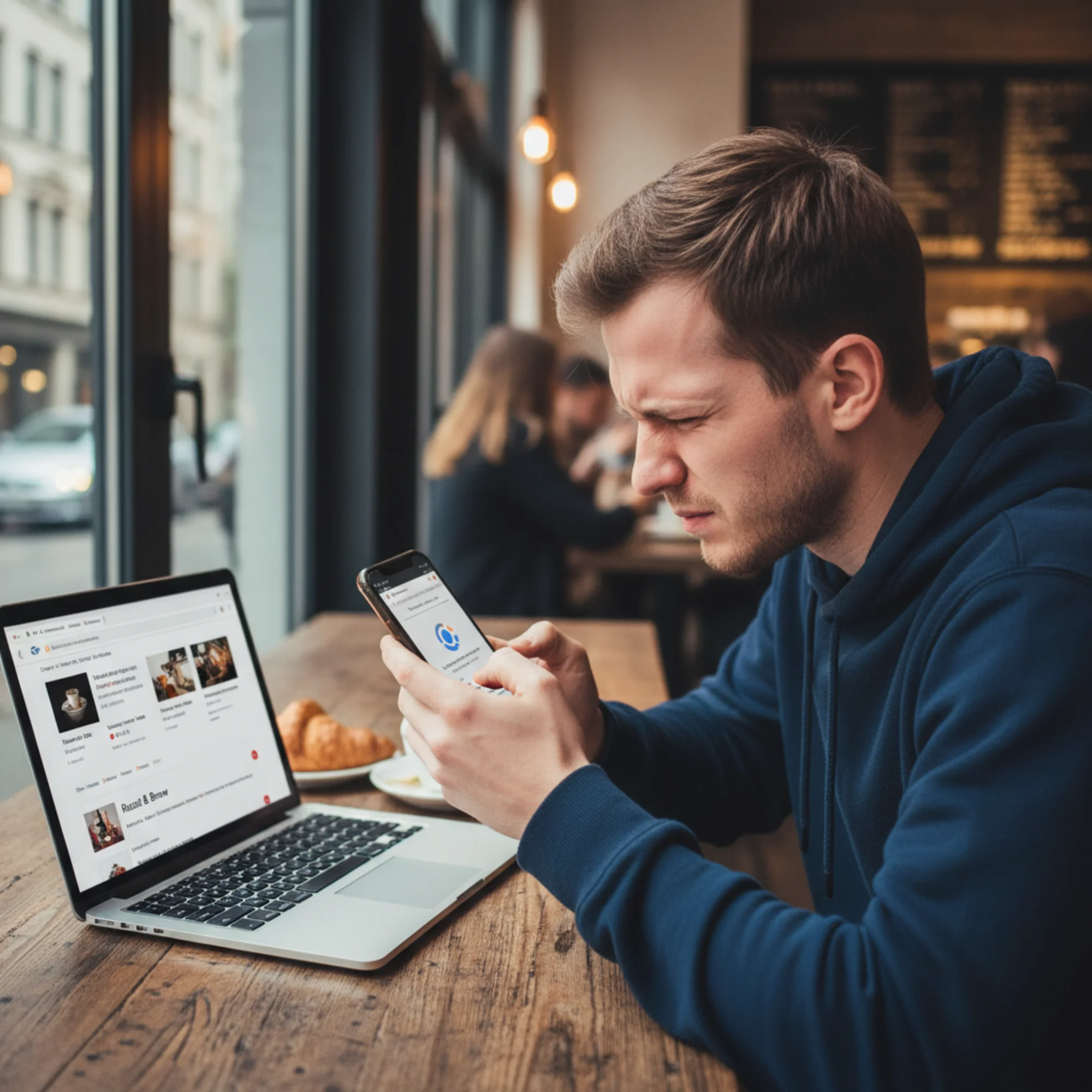 A frustrated entrepreneur squinting at their phone showing a Cursor-built site stuck loading, with a laptop behind them displaying Google search results where competitors rank above their listing