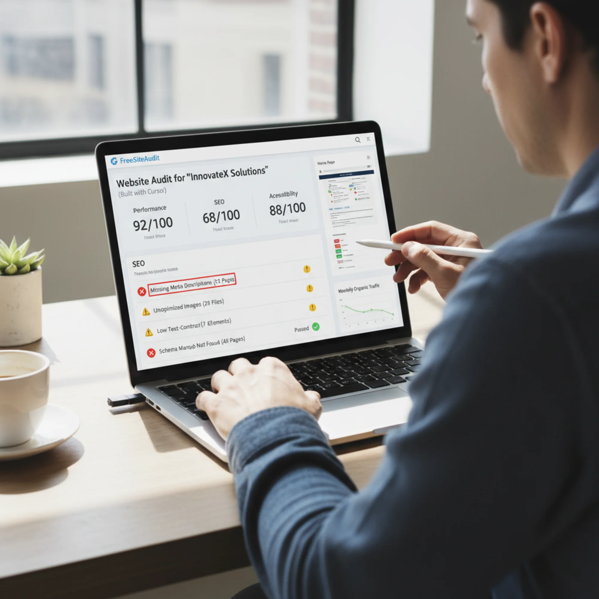 A FreeSiteAudit report on a laptop analyzing a Cursor-built website, showing SEO scores with flagged issues like missing meta descriptions and unoptimized images highlighted in red and yellow warning badges