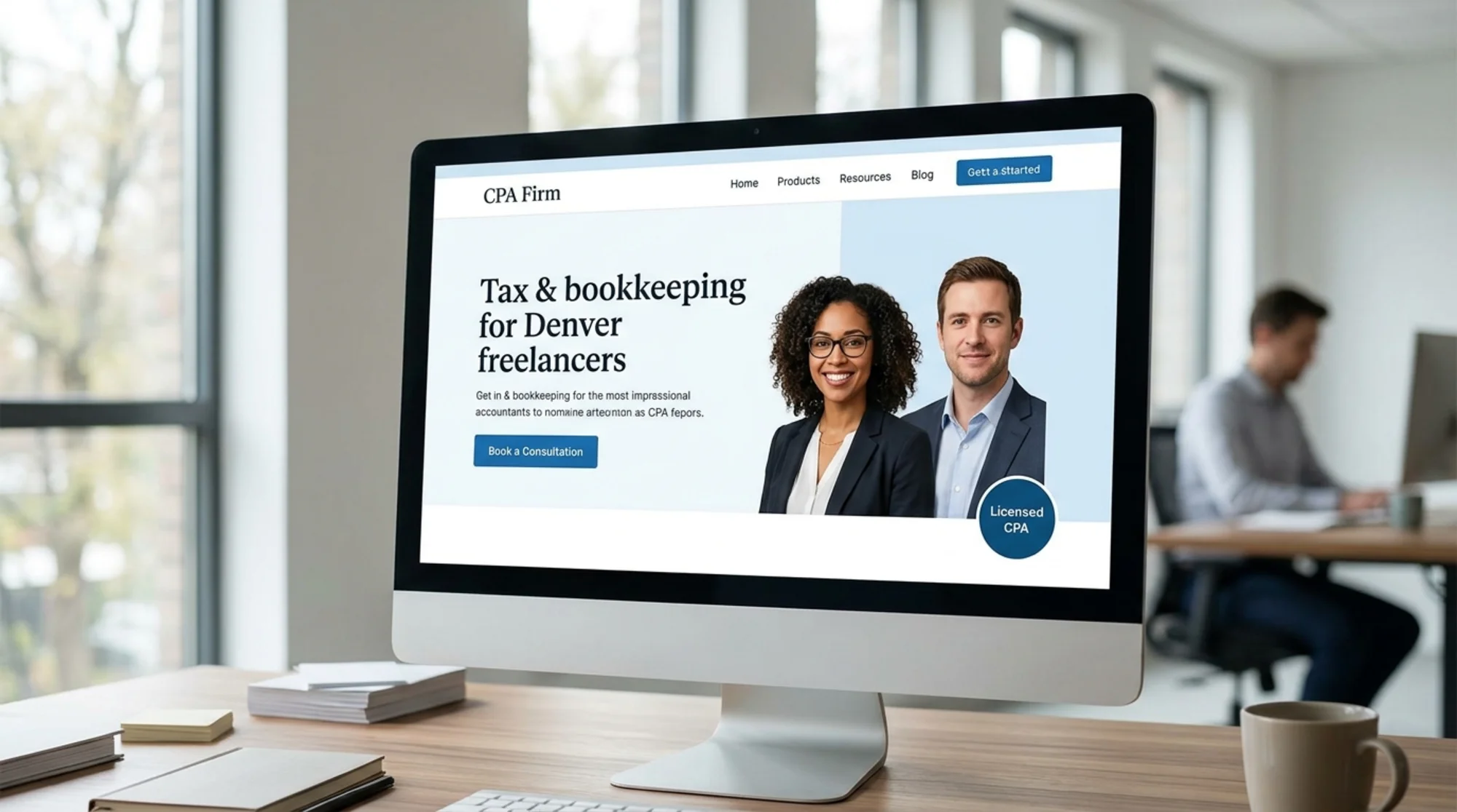 CPA firm homepage shown on a modern desktop monitor with a specific headline like "Tax & bookkeeping for Denver freelancers," a visible "Book a Consultation" button, headshots of two accountants, and a small "Licensed CPA" badge in the corner, soft daylight office in the background