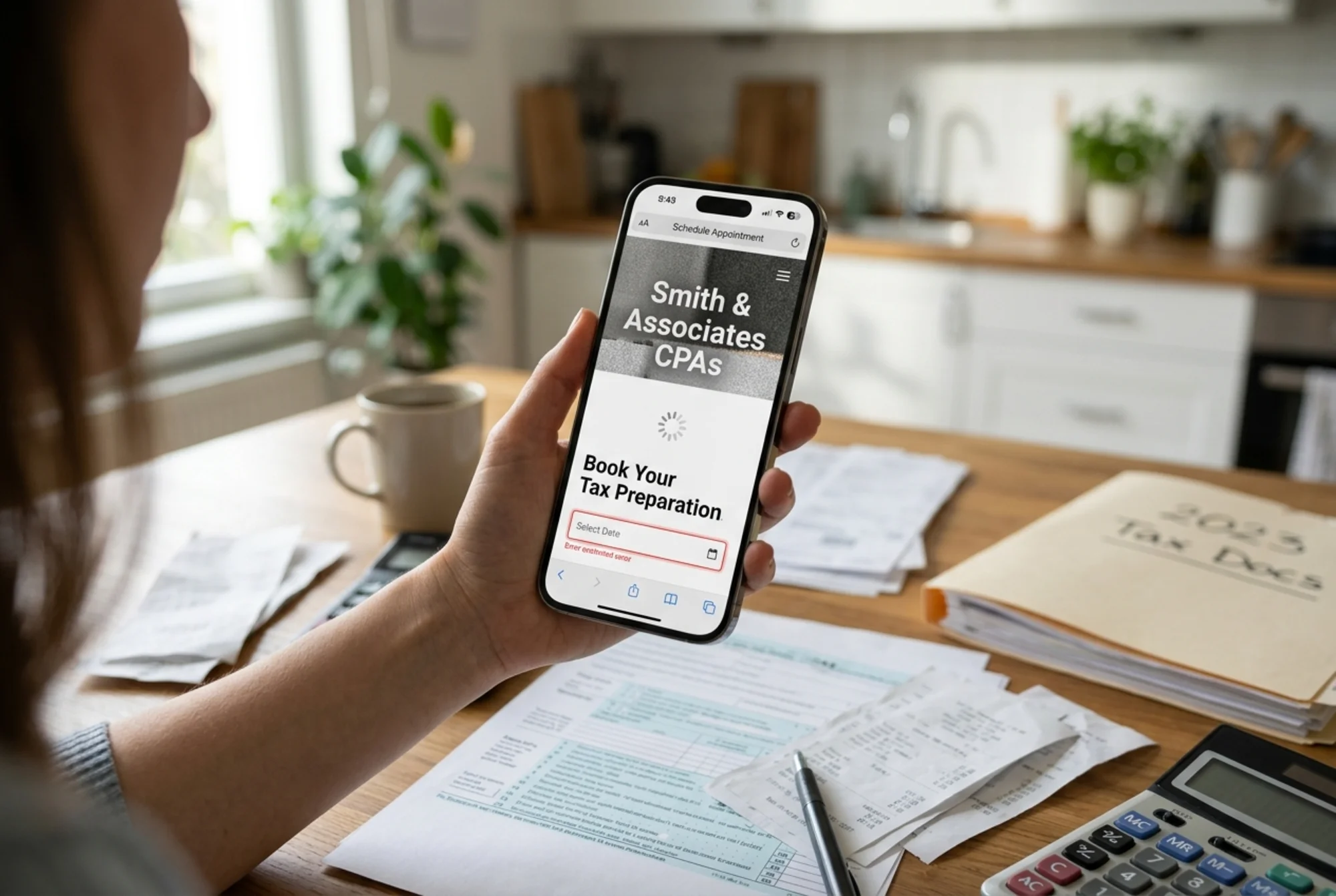 Mobile phone screen showing a CPA firm's "Schedule Appointment" page during tax season with a half-loaded hero image, a red-highlighted broken date field, and a long loading spinner, held by a frustrated small business owner at a kitchen table covered in receipts