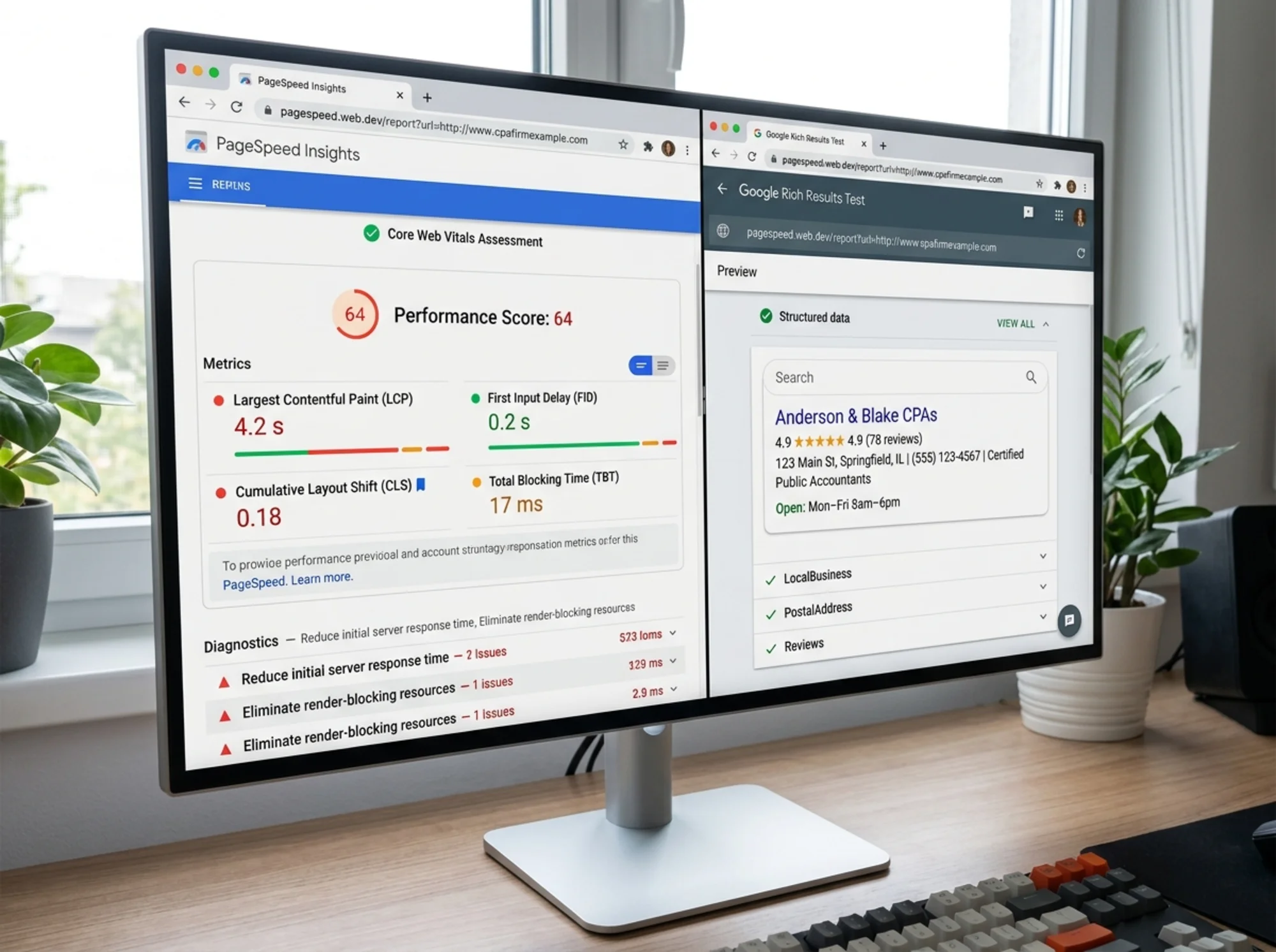 Two-panel browser view of an accounting firm audit: left panel shows a Core Web Vitals report card with LCP 4.2s and CLS 0.18 flagged in red, right panel shows a Google Rich Results test preview of LocalBusiness schema with the firm's name, address, hours, and a five-star review snippet