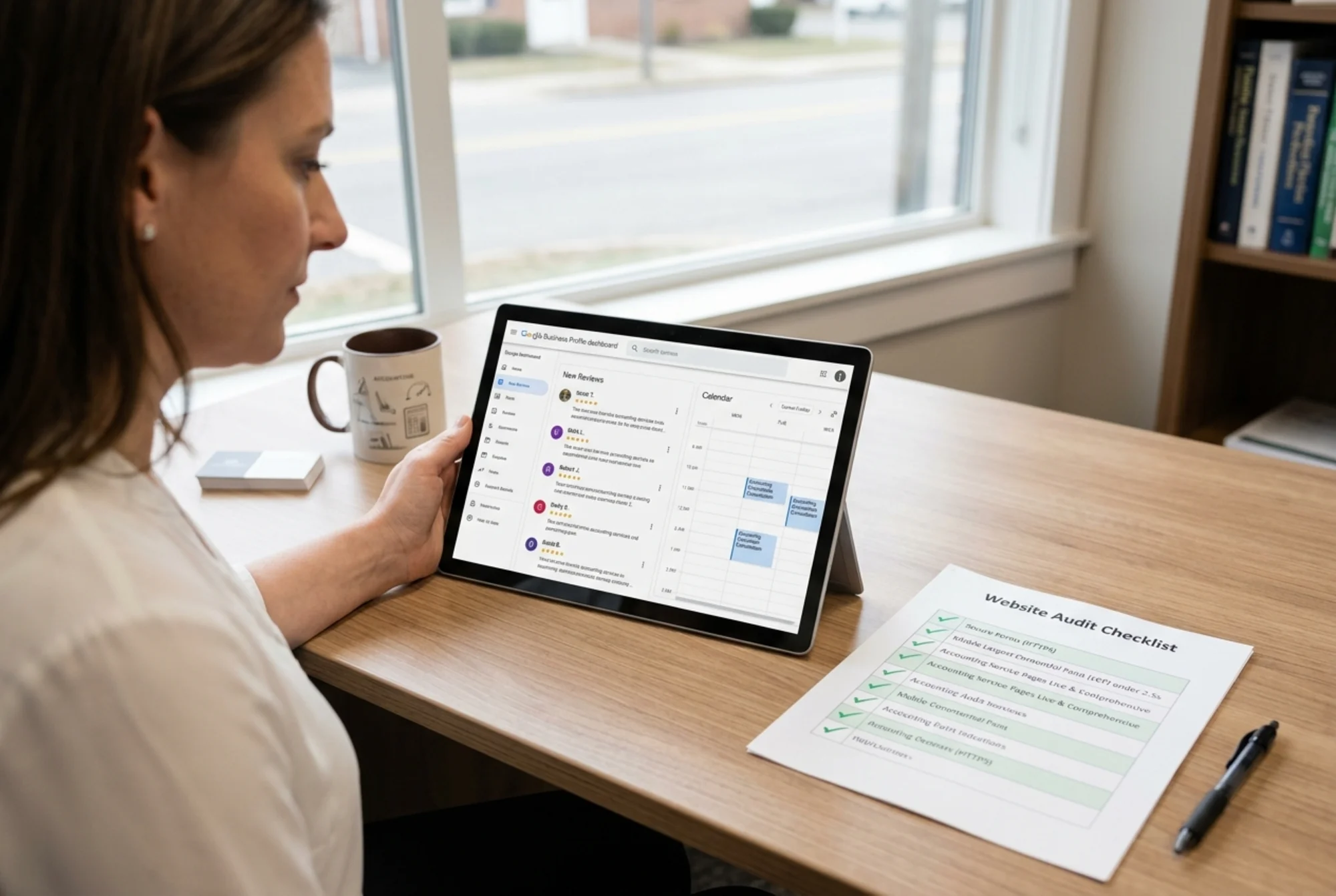 CPA partner at a tidy desk reviewing a tablet that shows a Google Business Profile dashboard with five new reviews and a calendar pane with three booked consultations this week, next to a printed audit checklist with green checkmarks beside "secure forms," "mobile LCP under 2.5s," and "service pages live"