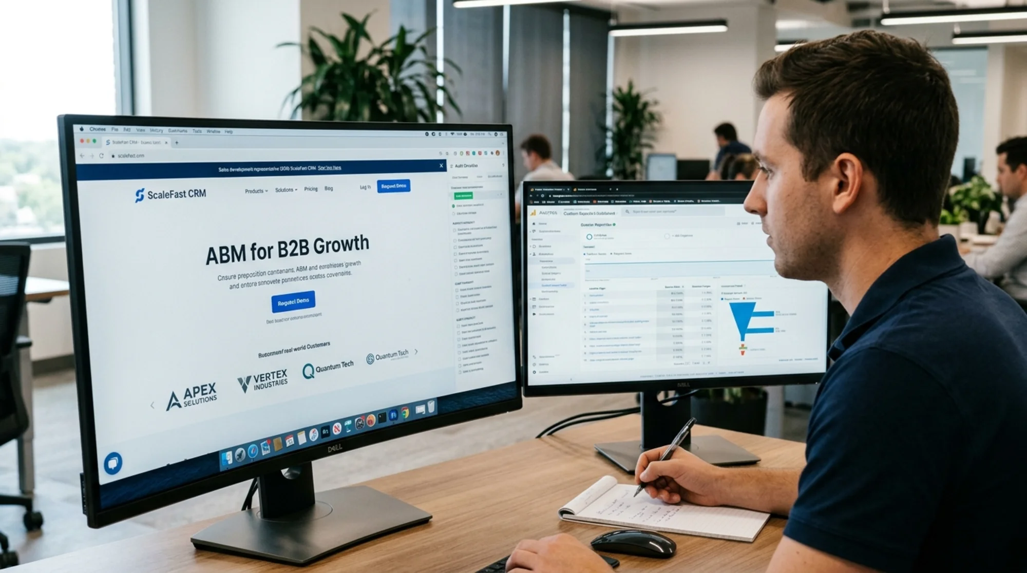 Close-up of a B2B SaaS homepage on a widescreen monitor showing a clear value proposition, demo request button, and logos of customer companies, with a sales rep reviewing analytics on a second screen