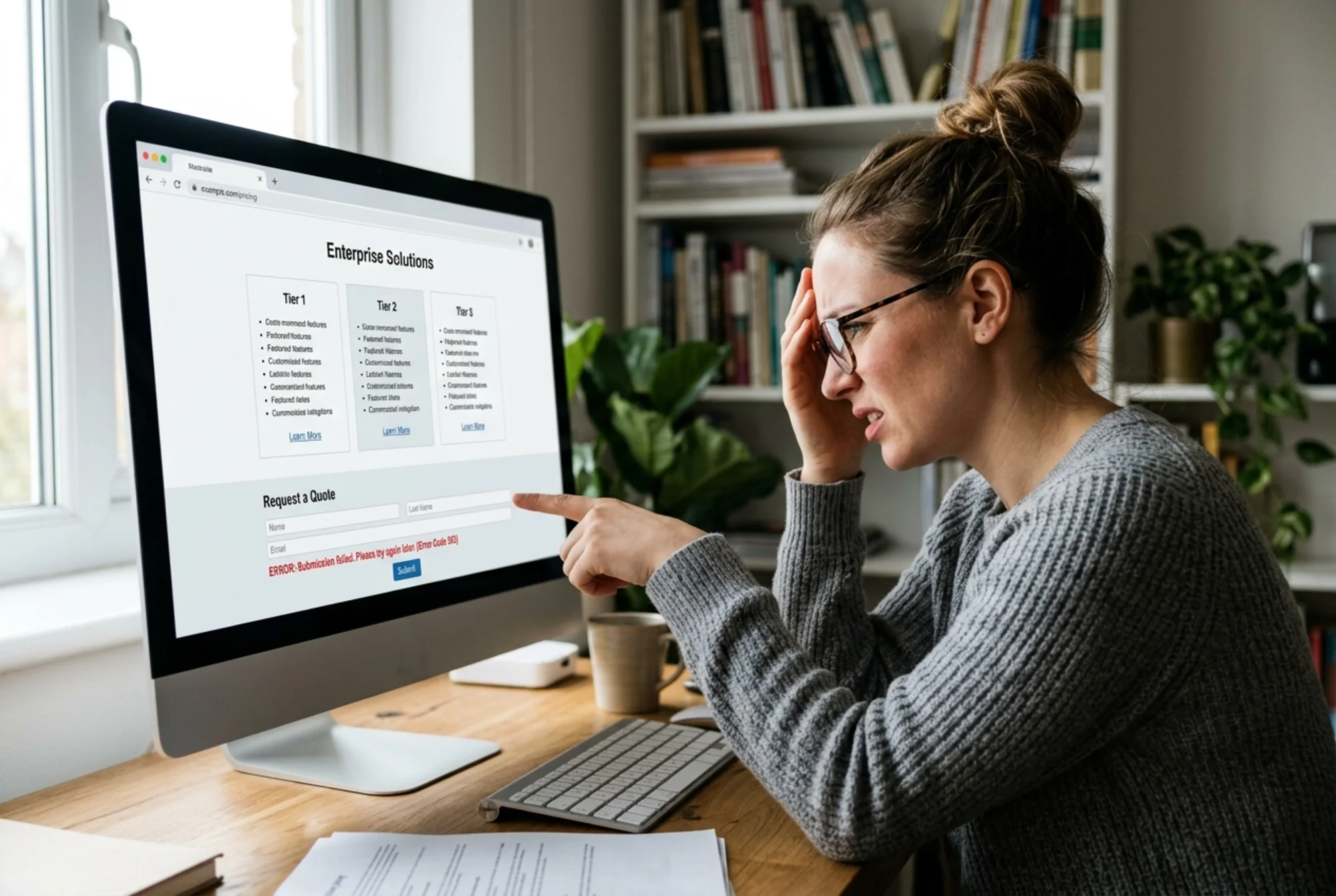 Frustrated marketing manager looking at a cluttered B2B pricing page with vague tier names, missing CTAs, and a broken contact form error message visible on screen