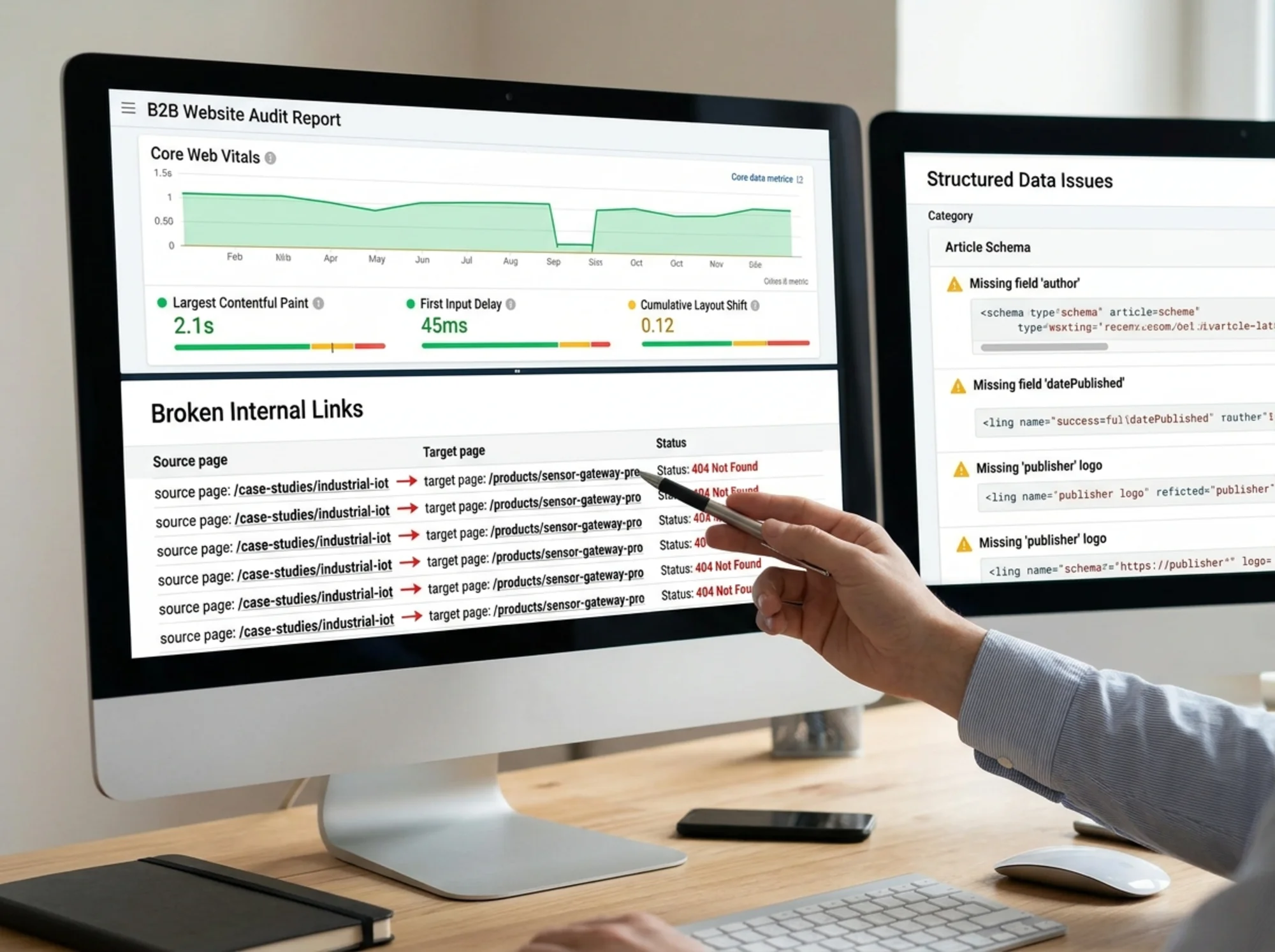 Split-screen view of a B2B website audit report showing Core Web Vitals scores, a list of broken internal links between a case study and product page, and structured data warnings for an Article schema