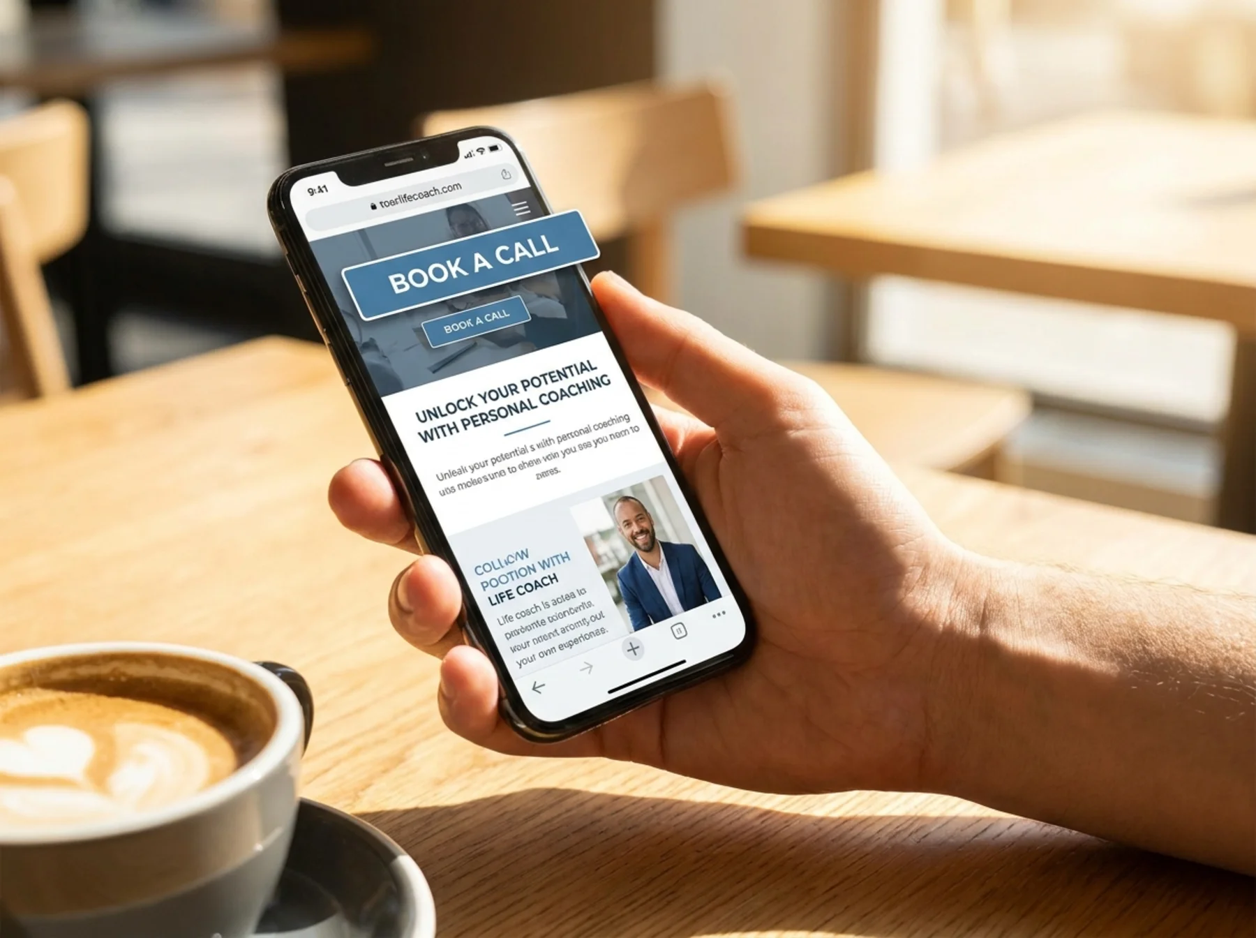 Mobile coaching website with a visible book a call button