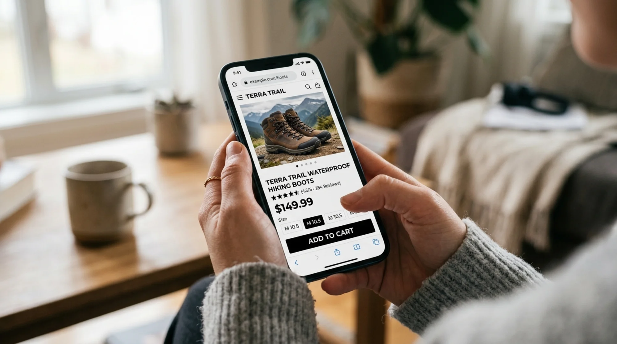 A close-up of a shopper's hands holding a phone displaying an ecommerce product page for a pair of waterproof hiking boots, with a sharp product image, bold price, a high-contrast "Add to Cart" button, and four-and-a-half-star review rating clearly visible above the fold, soft natural window light, warm focused mood