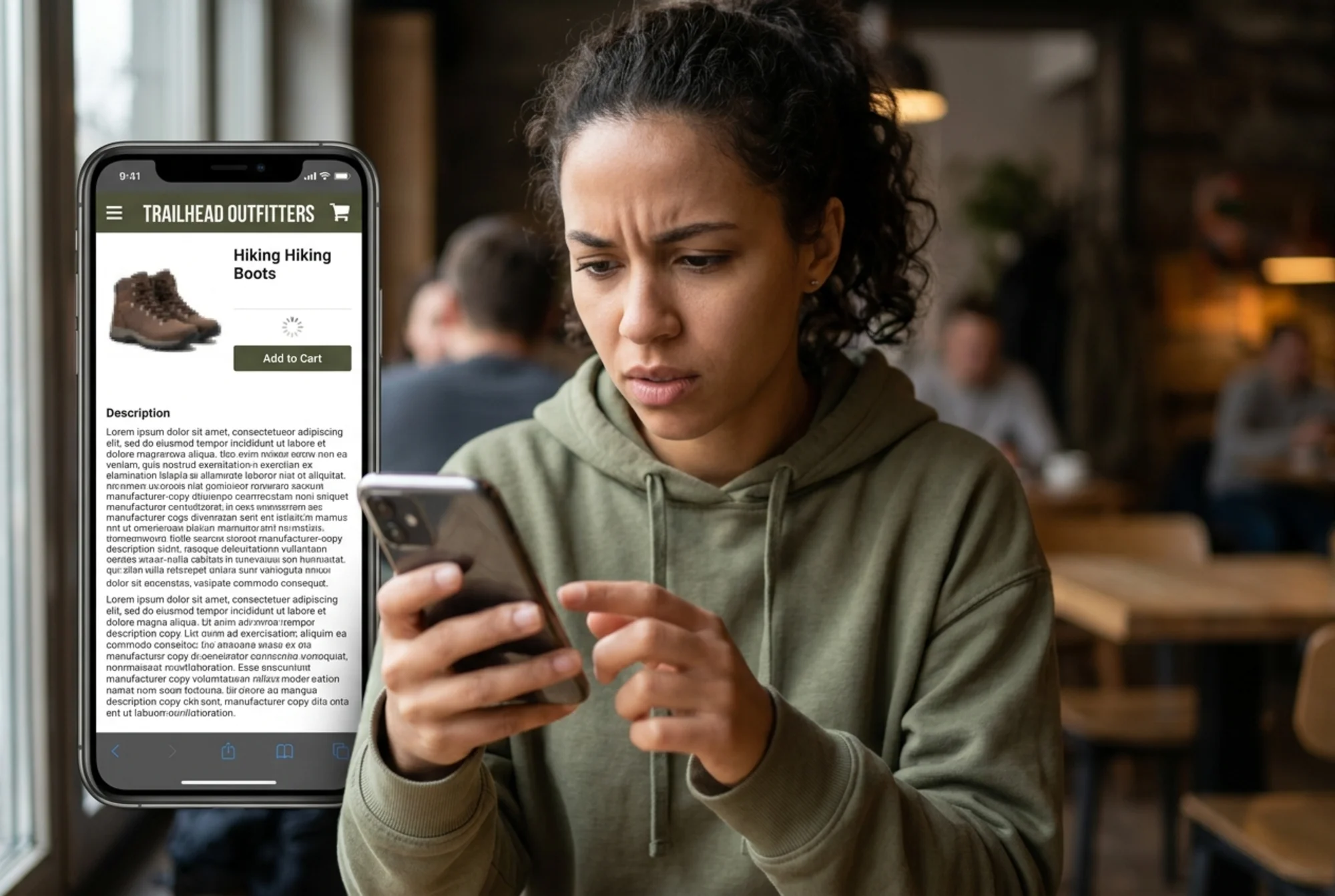 A shopper on a mobile ecommerce product page for the same hiking boots looking confused, with a tiny blurry product photo, a long wall of unbroken manufacturer-copy description text, a missing price field showing a loading spinner, and no review stars, slightly frustrated expression, dim cafe lighting