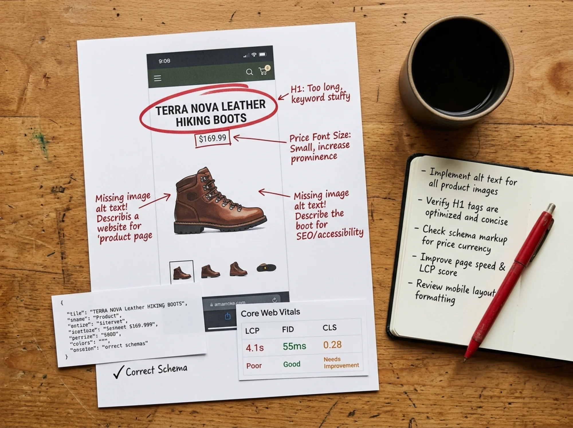 Overhead view of a printed mobile screenshot of a hiking boot product page on a wooden desk, marked up with a red pen circling the H1, price font size, image alt text, a Product schema JSON snippet, and Core Web Vitals numbers (LCP 4.1s, CLS 0.28), a coffee cup and a small notebook with handwritten checklist items beside it