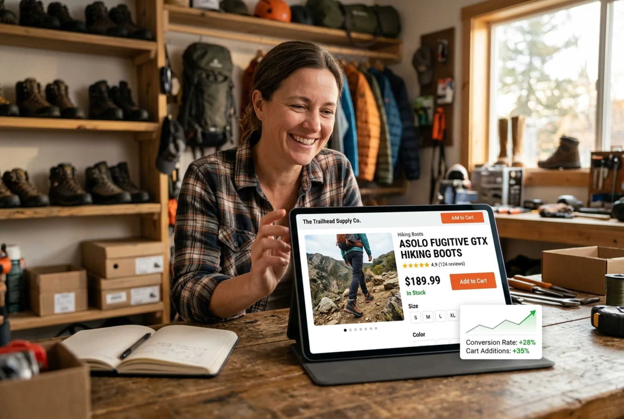 A small business owner smiling at a tablet on a workbench in a small outdoor gear shop, the tablet showing a cleaned-up hiking boot product page with a fast-loading hero image, large clear price, five-star review module pinned near the title, sticky add-to-cart bar, and a small overlay graph showing a rising conversion rate, late afternoon shop lighting