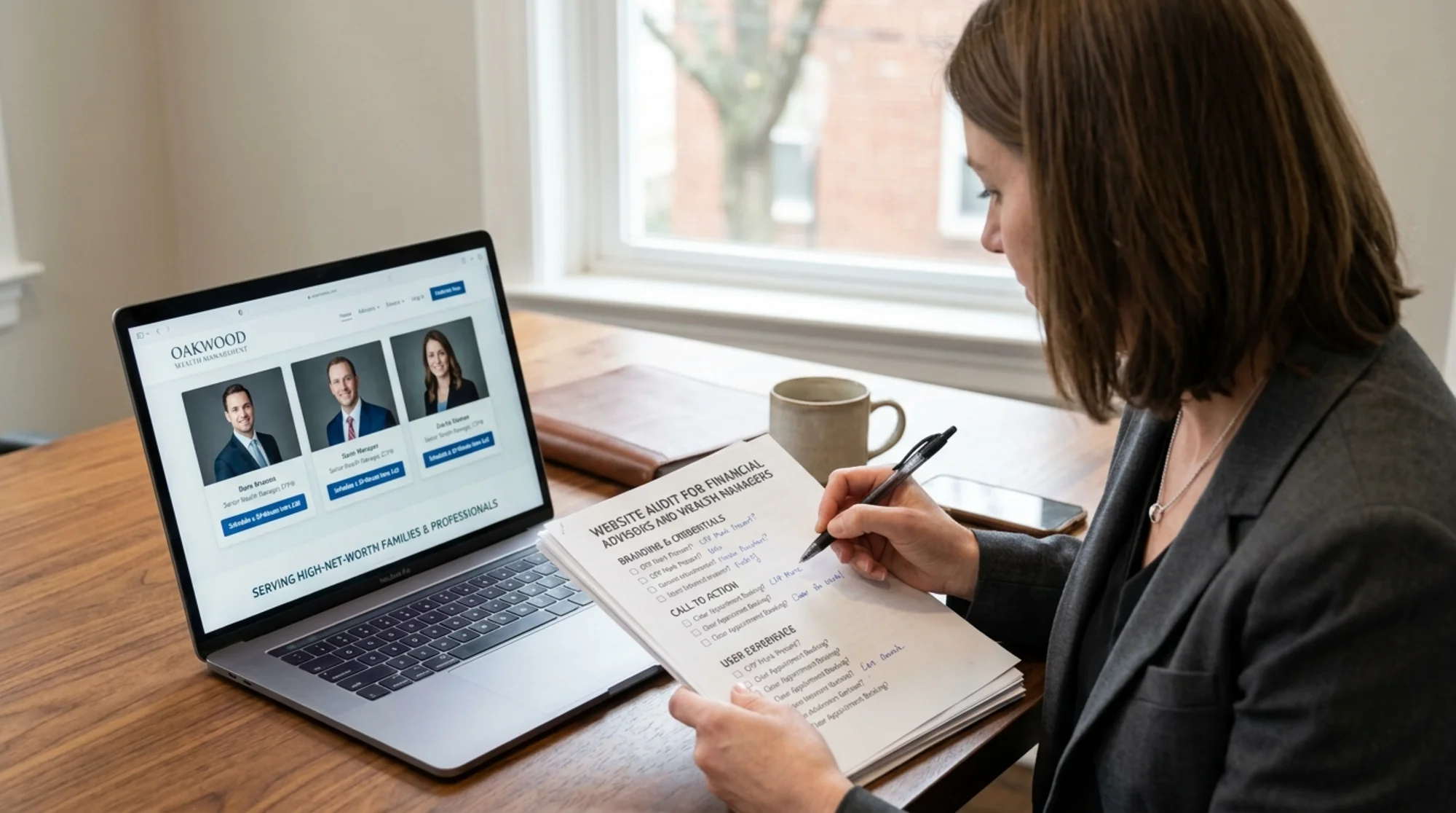 Over-the-shoulder view of a financial advisor at a wood desk reviewing a printed website audit checklist beside a laptop showing a wealth management homepage with three advisor headshots, CFP credentials, and a blue "Schedule a 30-Minute Intro Call" button