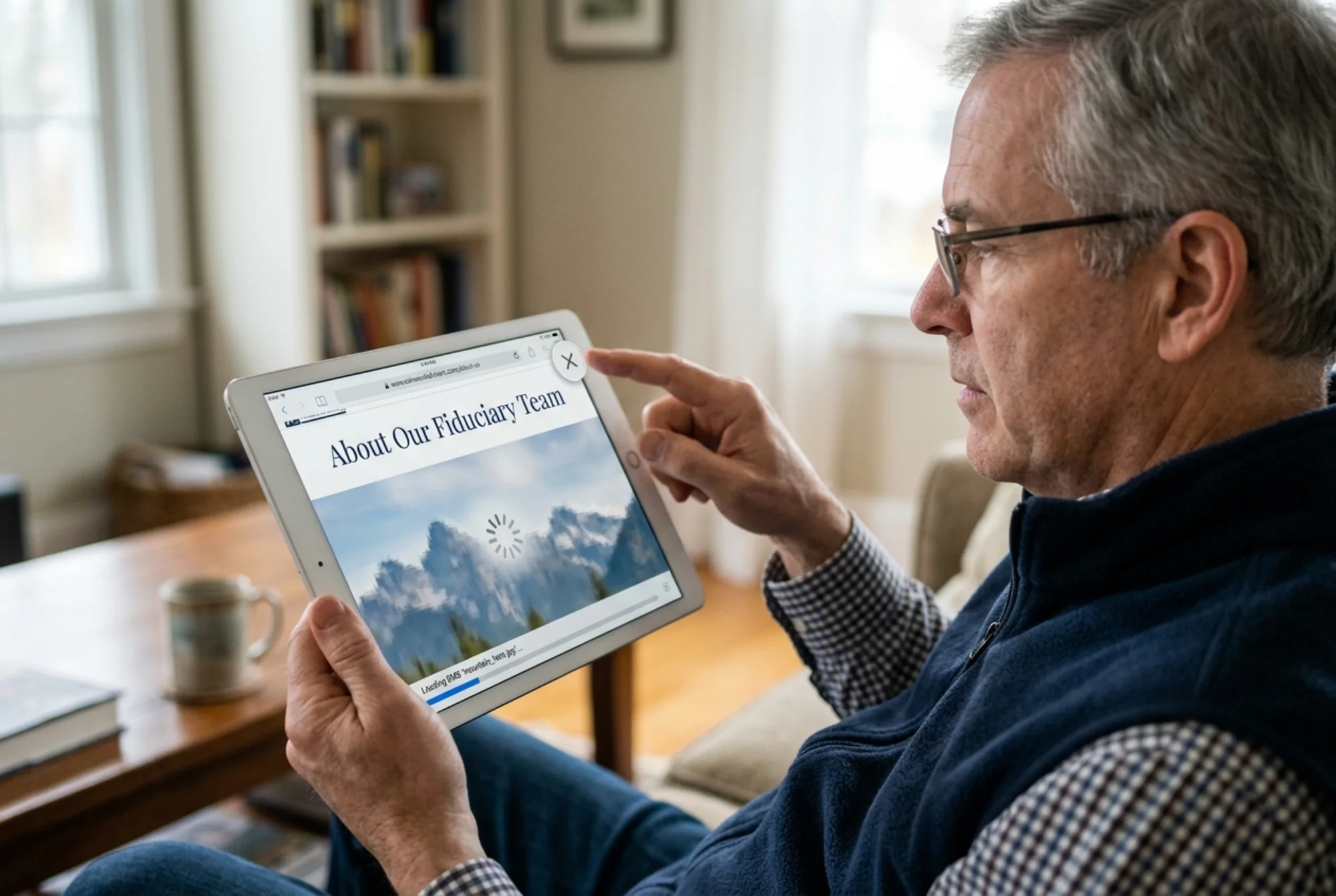A 58-year-old prospective client on a tablet about to close the browser tab of a financial advisor's site stuck on a loading spinner, with a partially rendered "About Our Fiduciary Team" headline and a 6MB Rocky Mountains hero image visibly still downloading