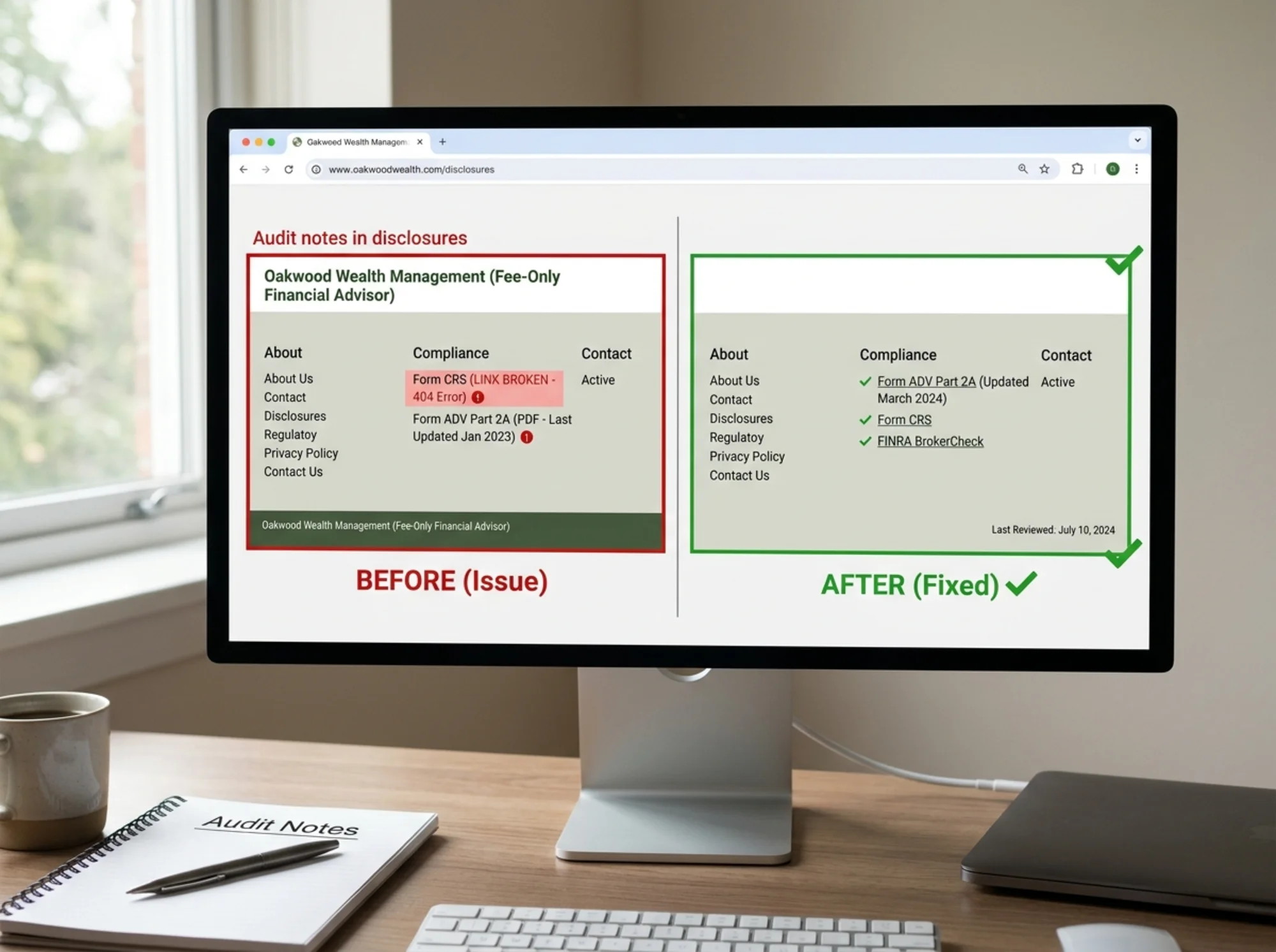 A split-screen browser view of a fee-only planner's footer: left half shows a broken Form CRS link and outdated 2023 ADV PDF in red, right half shows a green-checked footer with current Form ADV Part 2A, Form CRS, FINRA BrokerCheck link, and a dated privacy policy