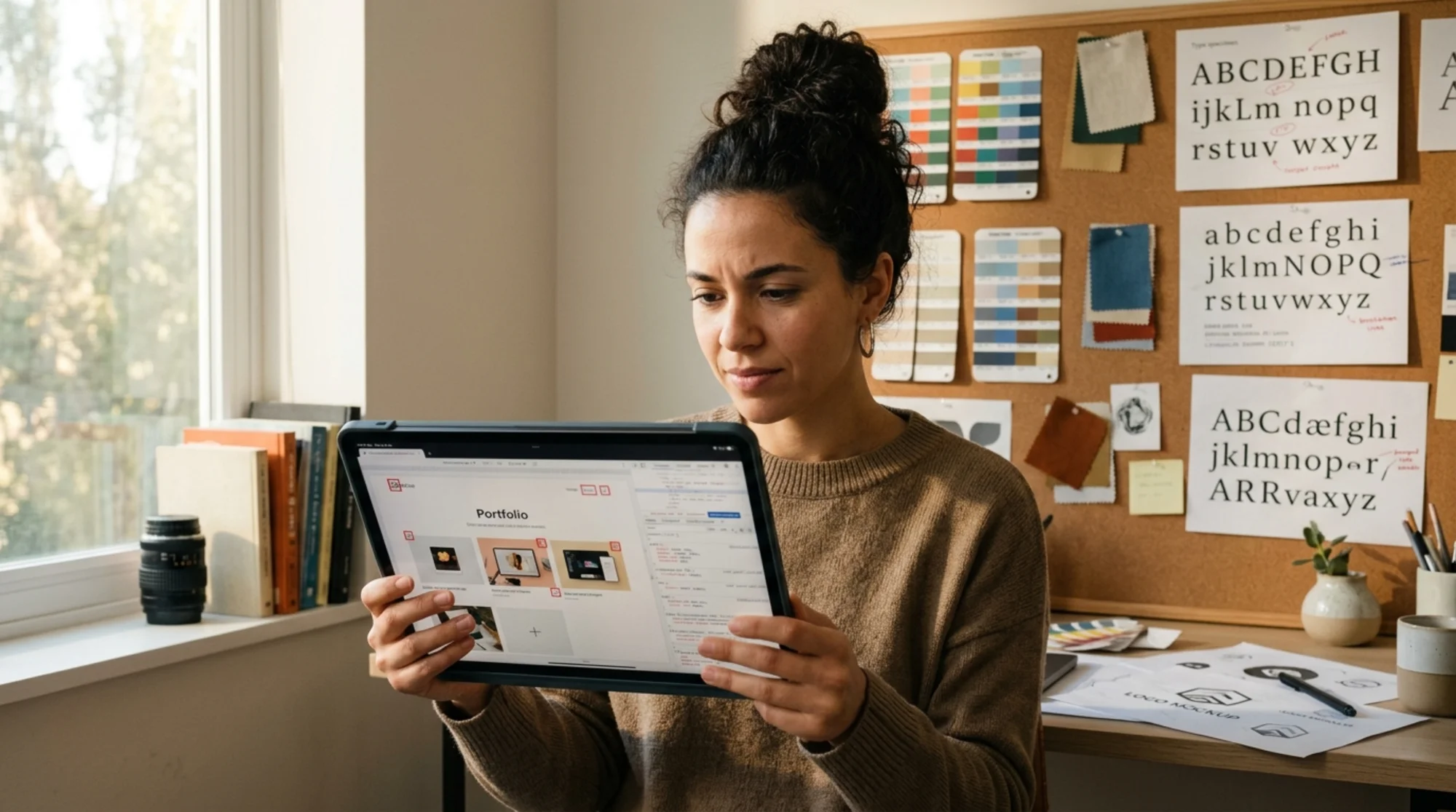 Freelance graphic designer on a tablet reviewing her portfolio homepage, with a corkboard of color swatches, type specimens, and a half-finished logo mockup behind her, warm natural light, photographic style