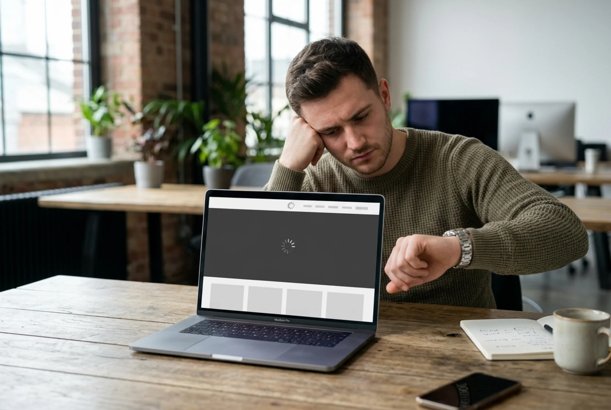 Creative agency portfolio site stuck loading on a laptop: blank hero where a video should play, gray placeholder thumbnails where case studies belong, spinner over the navigation, with a potential client glancing at his watch