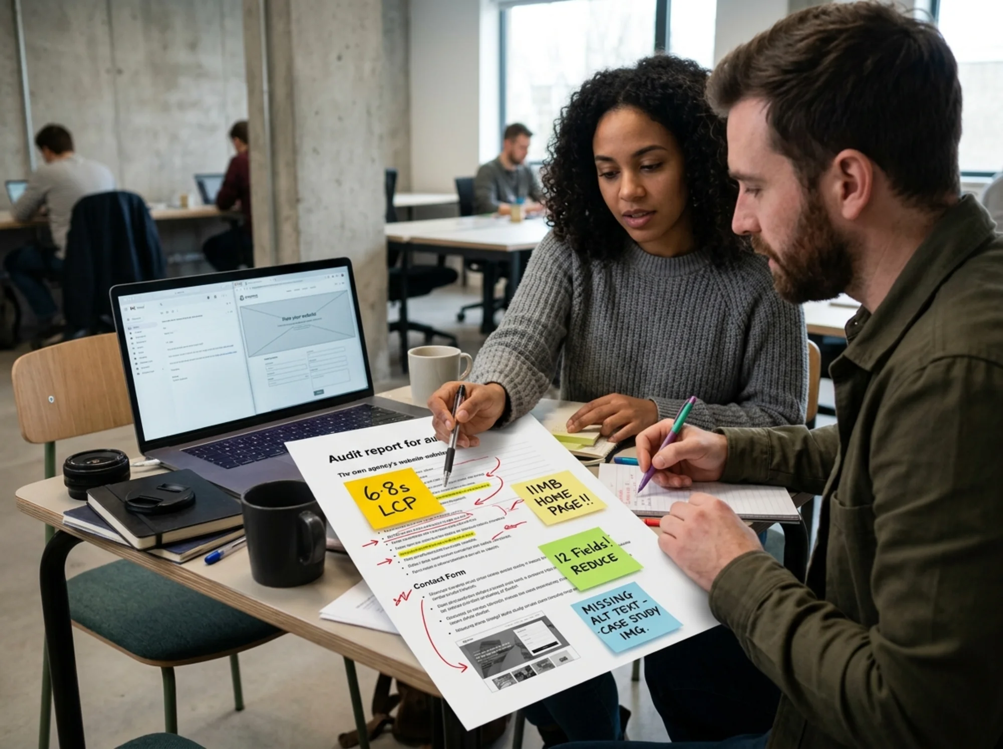Two-person agency team at a small table marking up a printed audit of their own site: sticky notes flagging a 6.8s LCP score, an 11MB homepage, a 12-field contact form, and missing alt text on a case study image