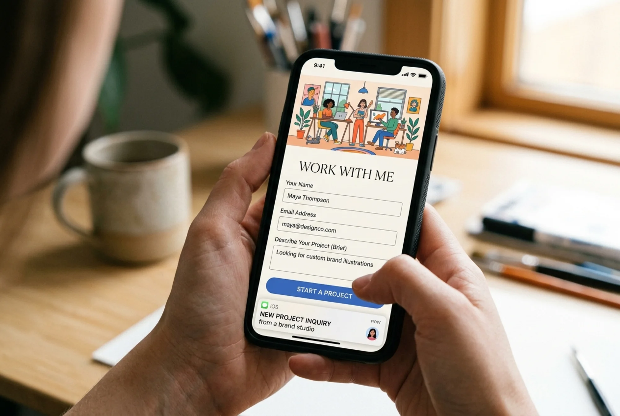 Mobile screen mockup of a redesigned freelance illustrator's inquiry page: crisp hero illustration loaded, a three-field contact form, a thumb-friendly "Start a project" button, and a notification preview reading "New project inquiry from a brand studio"