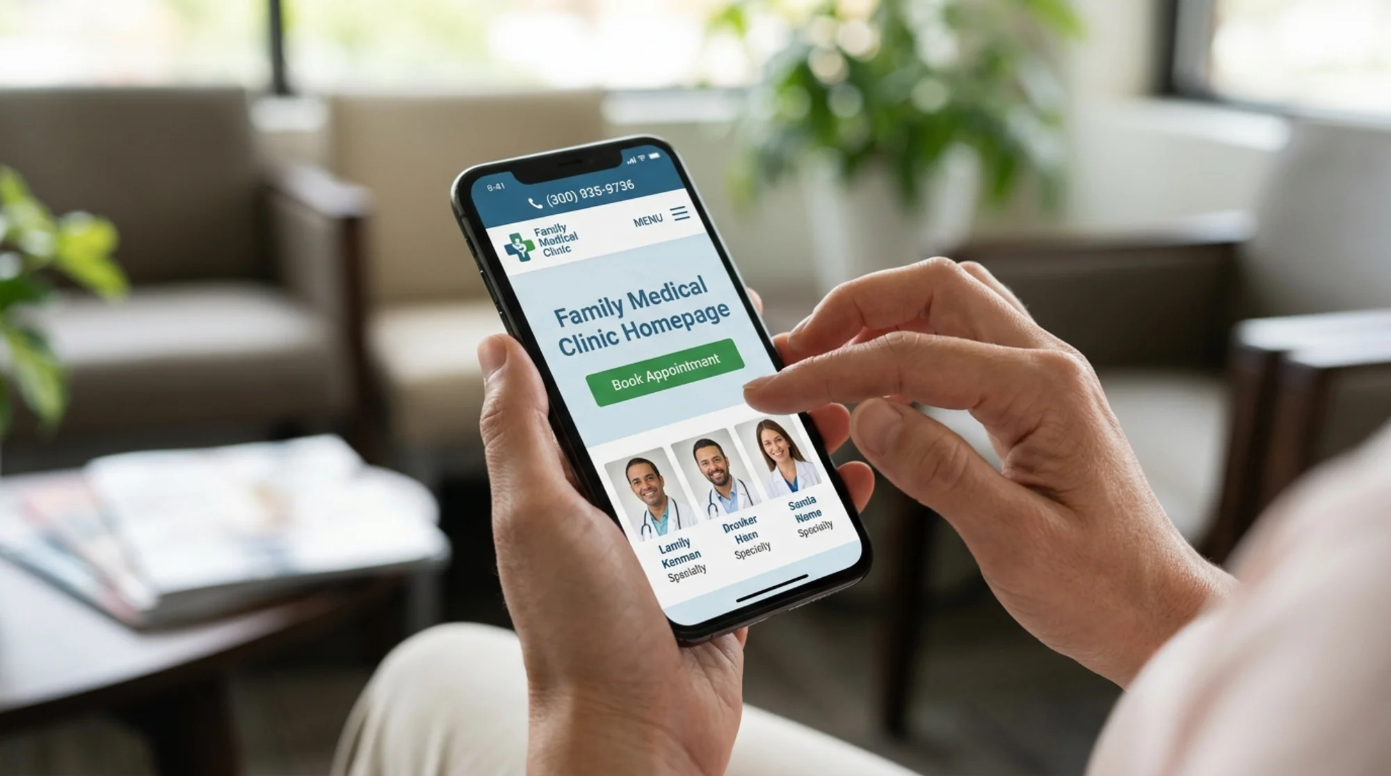 Close-up of a patient's hands holding a smartphone displaying a family medical clinic homepage with a prominent "Book Appointment" button, tappable phone number in the header, and provider photos visible below, soft natural light from a waiting room window in the background