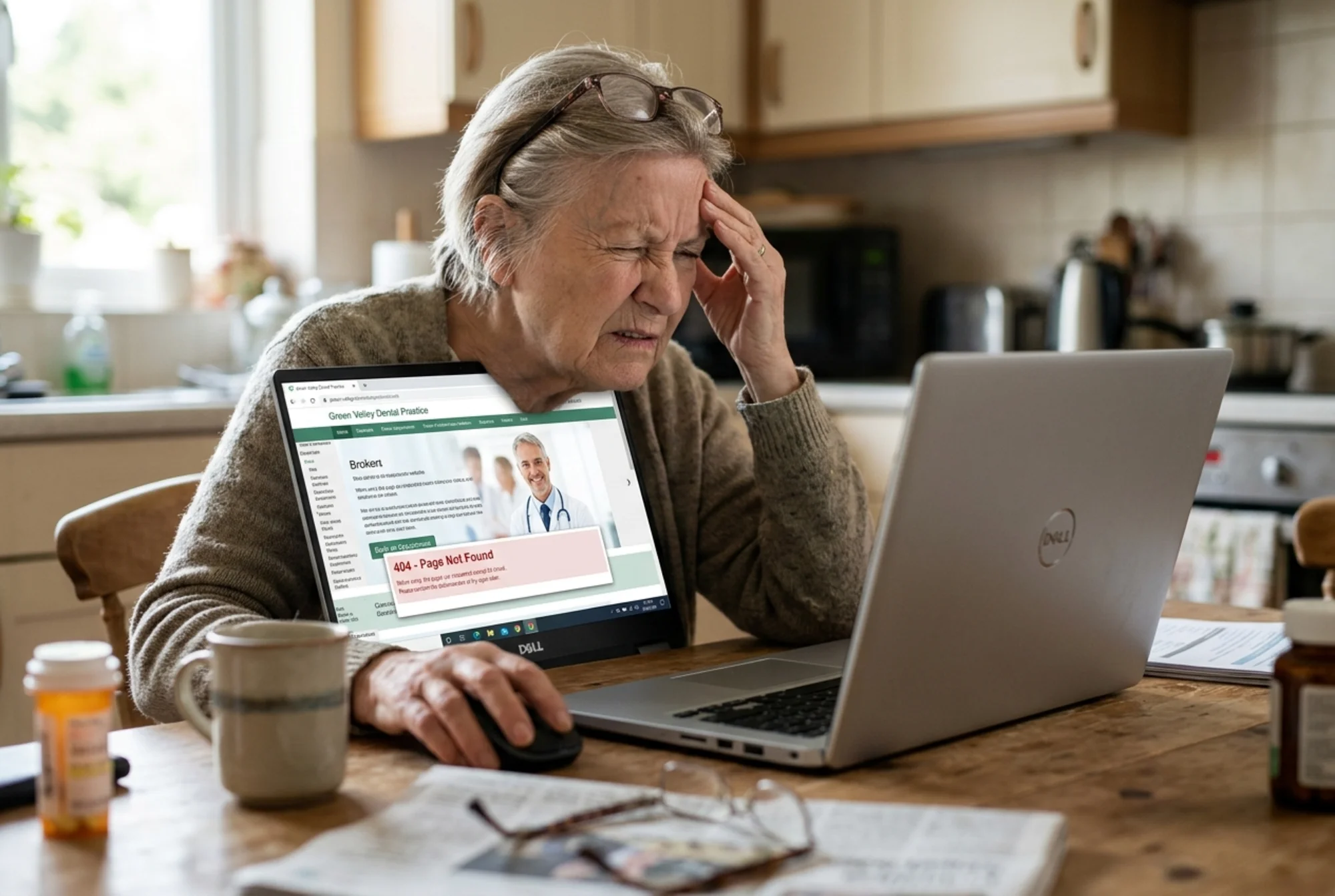 A frustrated older patient at a kitchen table squinting at a laptop showing an outdated dental practice website with broken mobile layout, tiny unreadable text, a stock-photo doctor, and a "Page Not Found" error on the appointment booking link