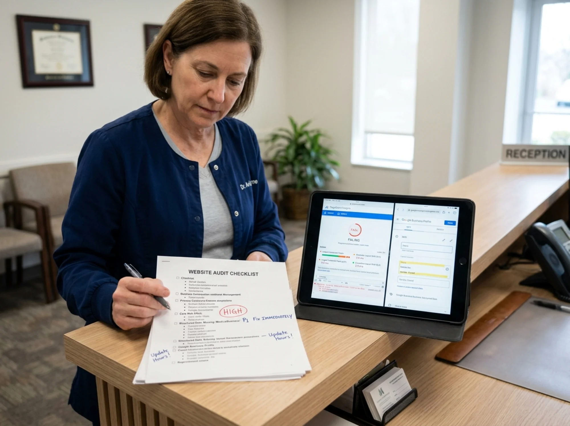 A primary care physician at a reception desk reviewing a printed website audit checklist with handwritten priority notes, next to a tablet displaying failing Core Web Vitals scores, missing MedicalBusiness structured data warnings, and mismatched Google Business Profile hours