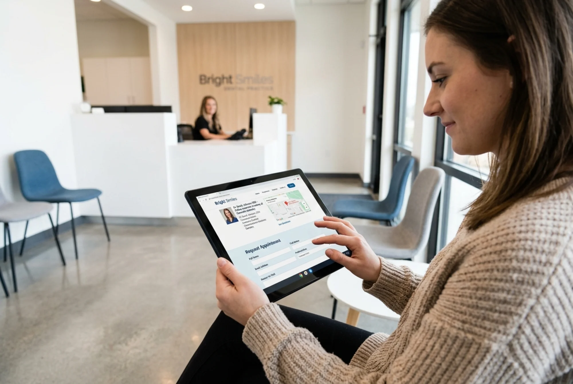A bright modern dental office reception with a patient comfortably booking an appointment on a tablet showing a fast-loading practice website, visible provider credentials, embedded location map, and an accessible contact form with large readable labels