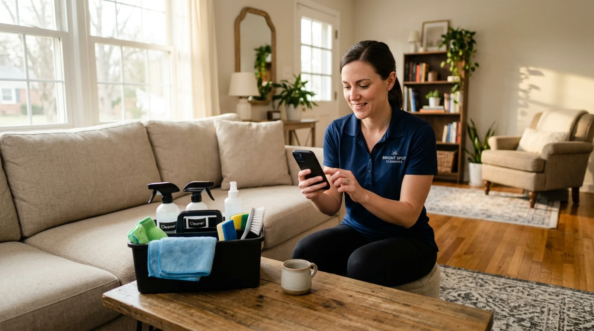 A home cleaning business owner in a branded polo shirt reviewing her company's booking page on a phone in a freshly cleaned living room, supplies caddy visible on the coffee table, natural afternoon light