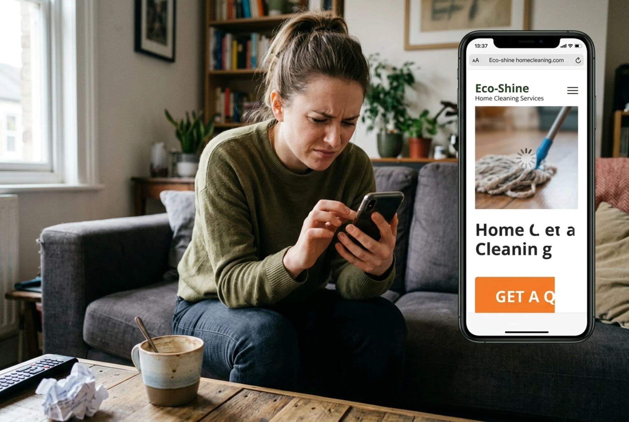 A frustrated customer on a couch squinting at a slow-loading home cleaning website on her phone, the "Get a Quote" button cut off at the bottom of the screen, half-finished coffee nearby