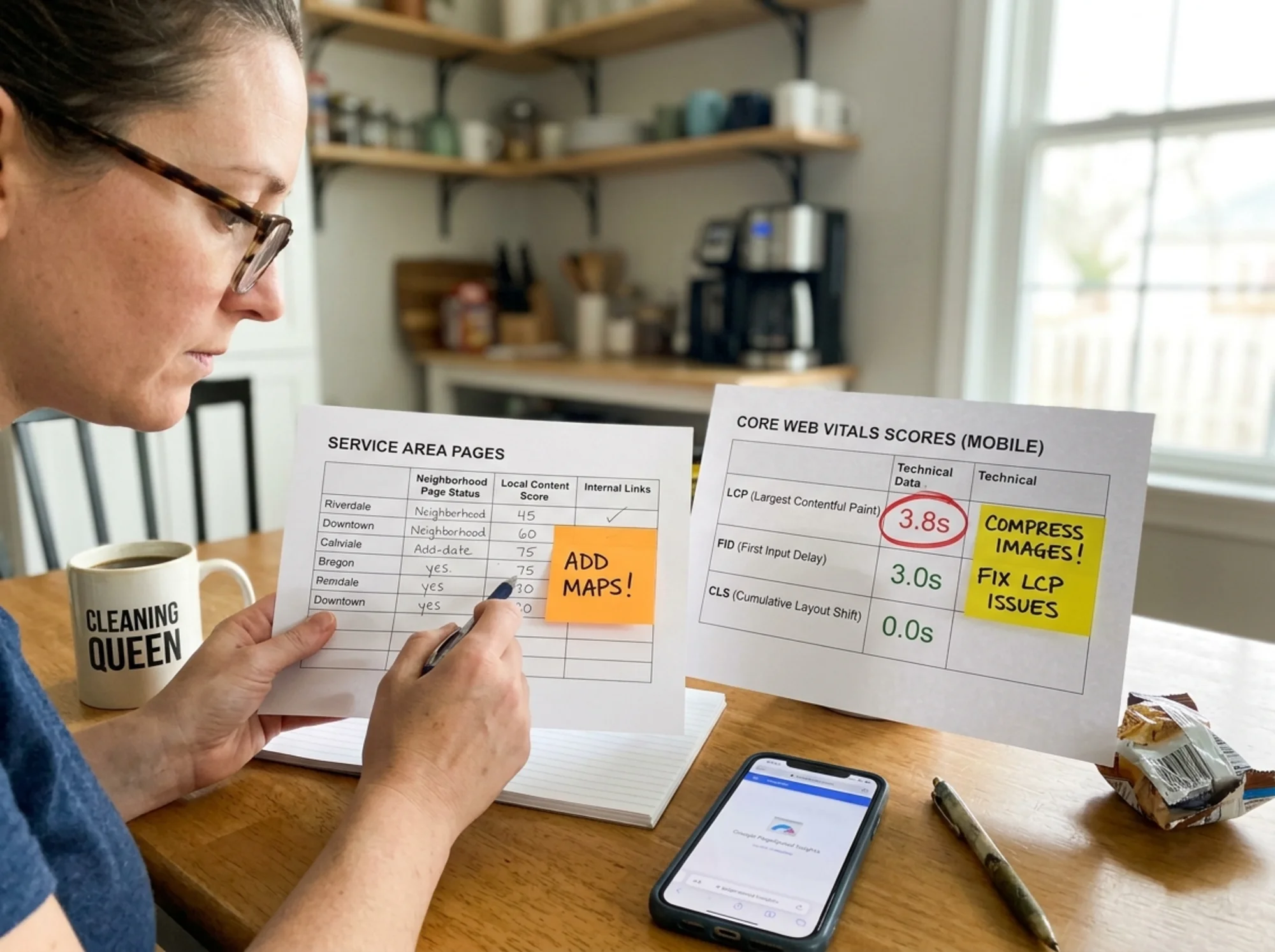 A small business owner at a kitchen table comparing two printed checklists side by side, one showing service area pages and the other showing Core Web Vitals scores, sticky notes marking priority fixes