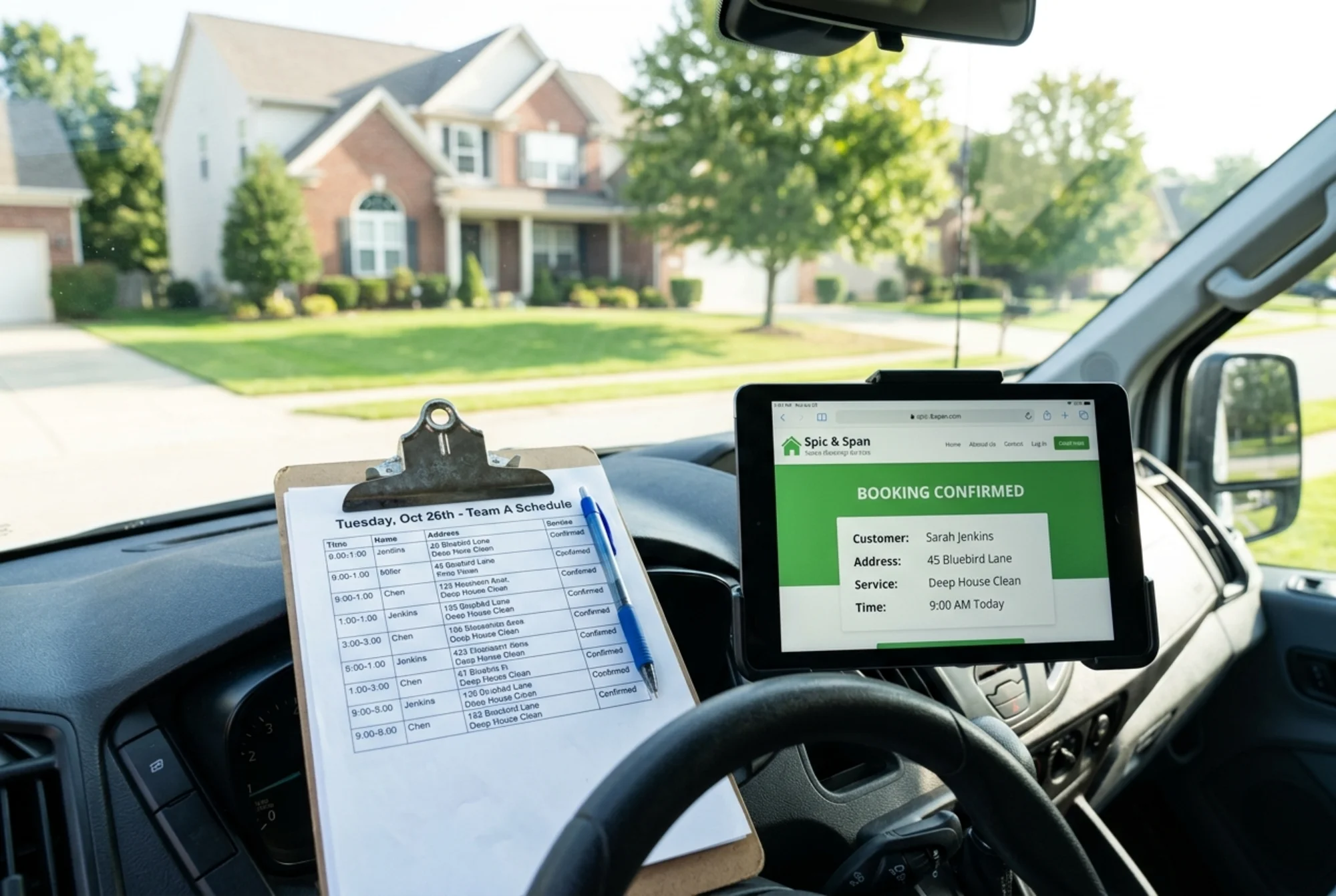 A cleaning team van parked in a suburban driveway with a tablet on the dashboard showing a confirmed online booking notification, a clipboard with the day's full schedule beside it