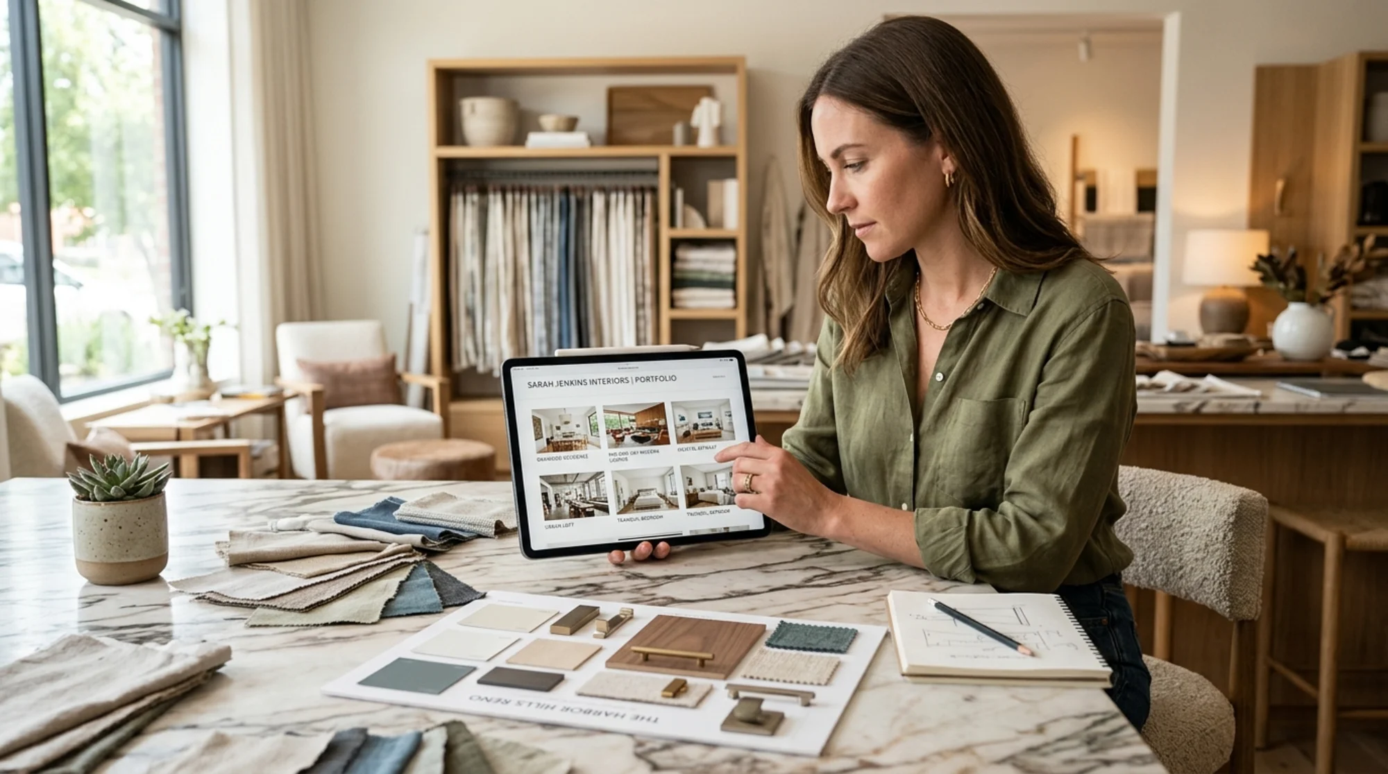 Interior designer reviewing her studio website on a tablet inside a sunlit showroom, fabric swatches and mood boards on a marble counter beside her, portfolio thumbnails visible on screen