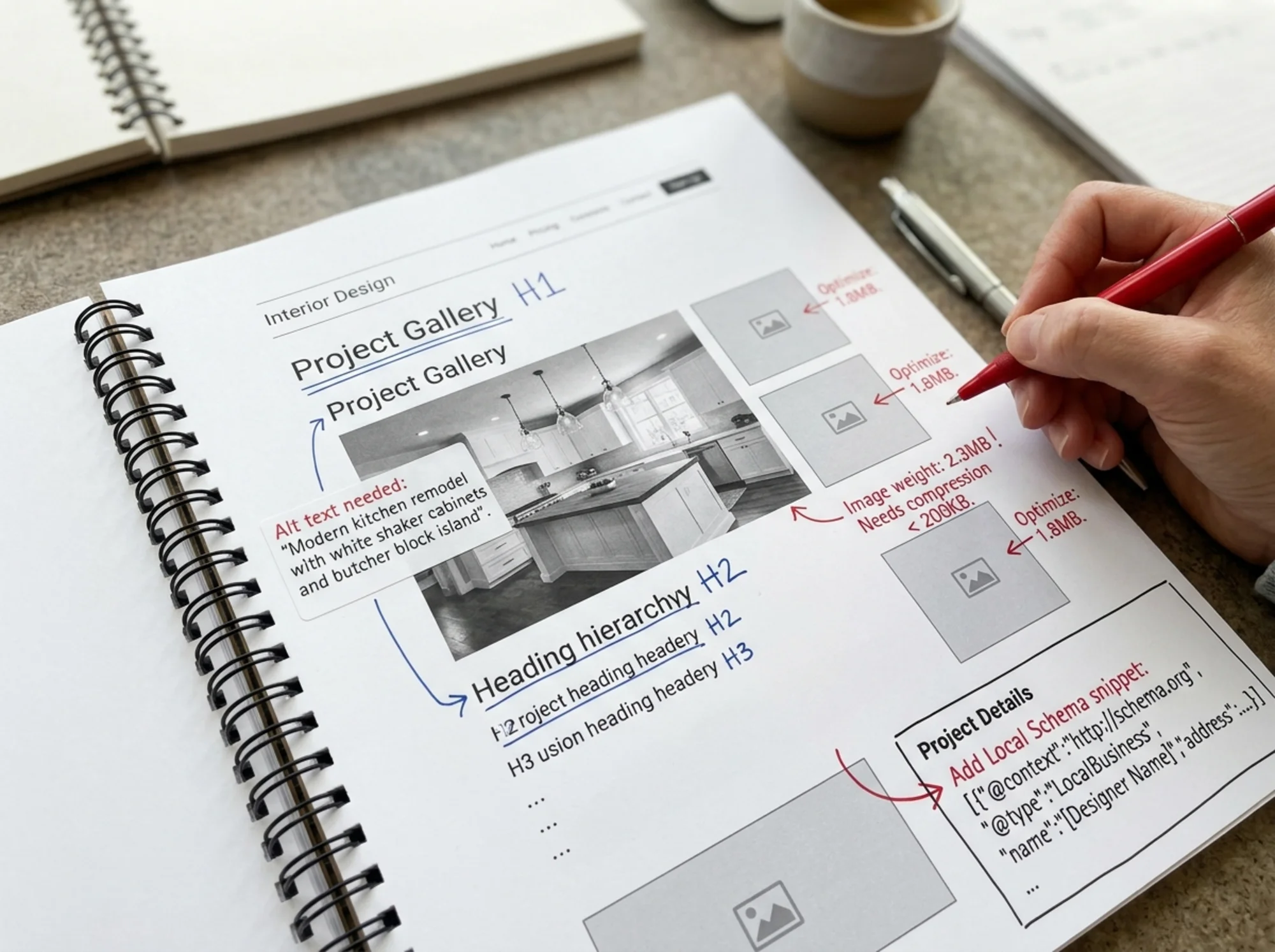 Close-up of a project page layout with annotated audit notes drawn on top: alt text labels on a kitchen photo, heading hierarchy markers, local schema snippet, image weight indicators in the margin