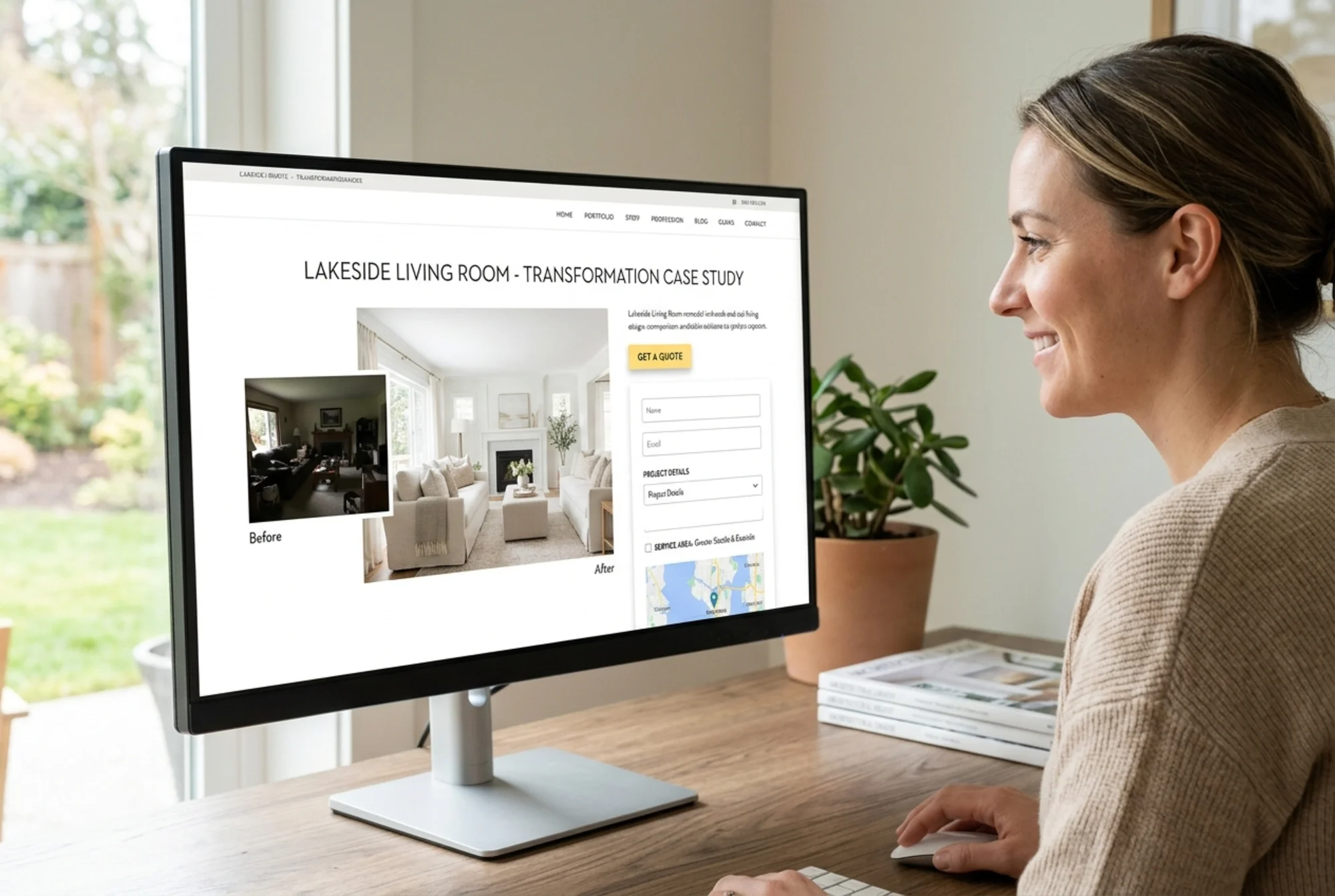 A polished interior decorator's project case study page on desktop, clean before-and-after living room images, visible "Get a Quote" button, structured contact block with service area, calm professional layout