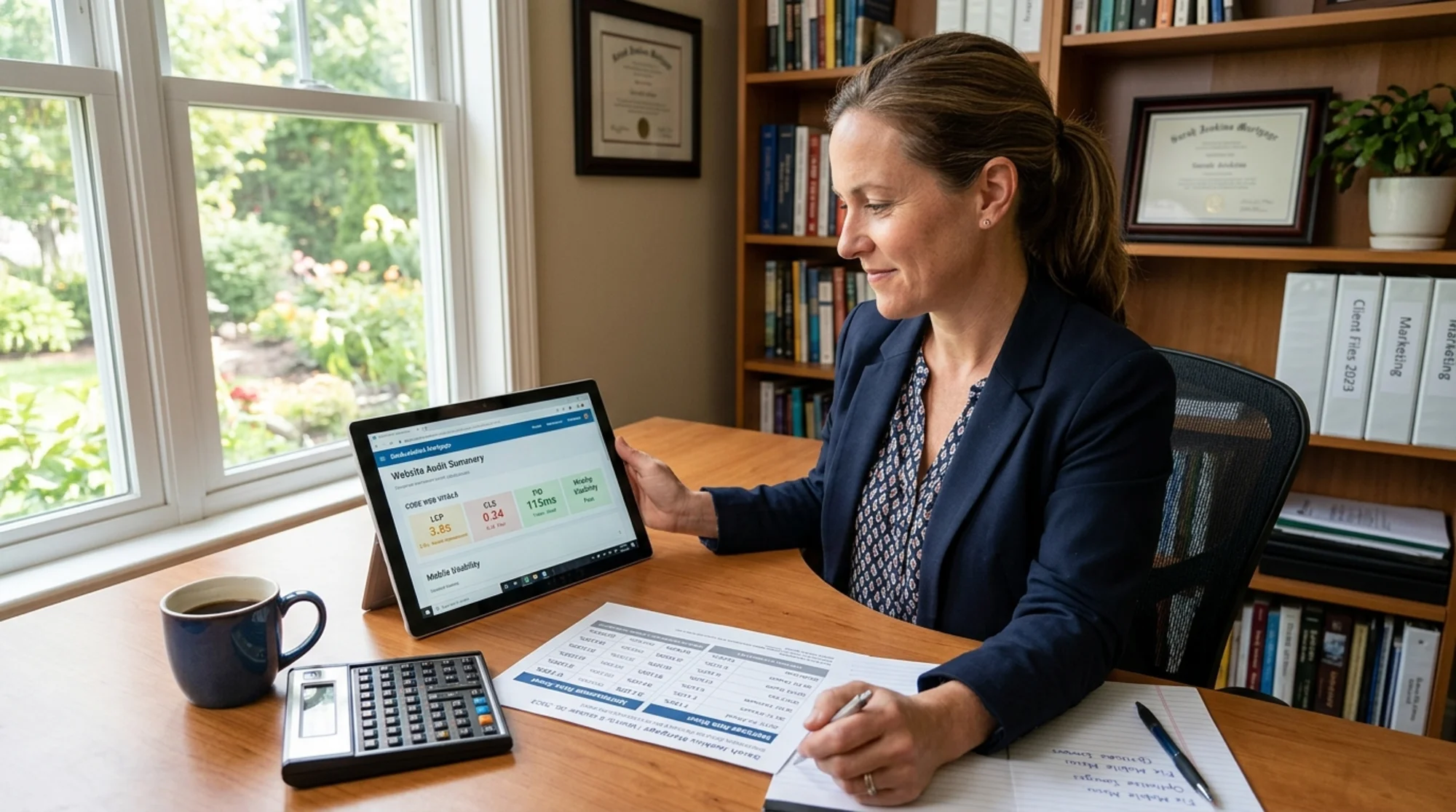 A mortgage broker at a tidy home office reviewing a website audit summary on a tablet showing Core Web Vitals scores, a printed rate sheet, a financial calculator, and a coffee cup nearby, warm natural lighting through a window, calm professional mood