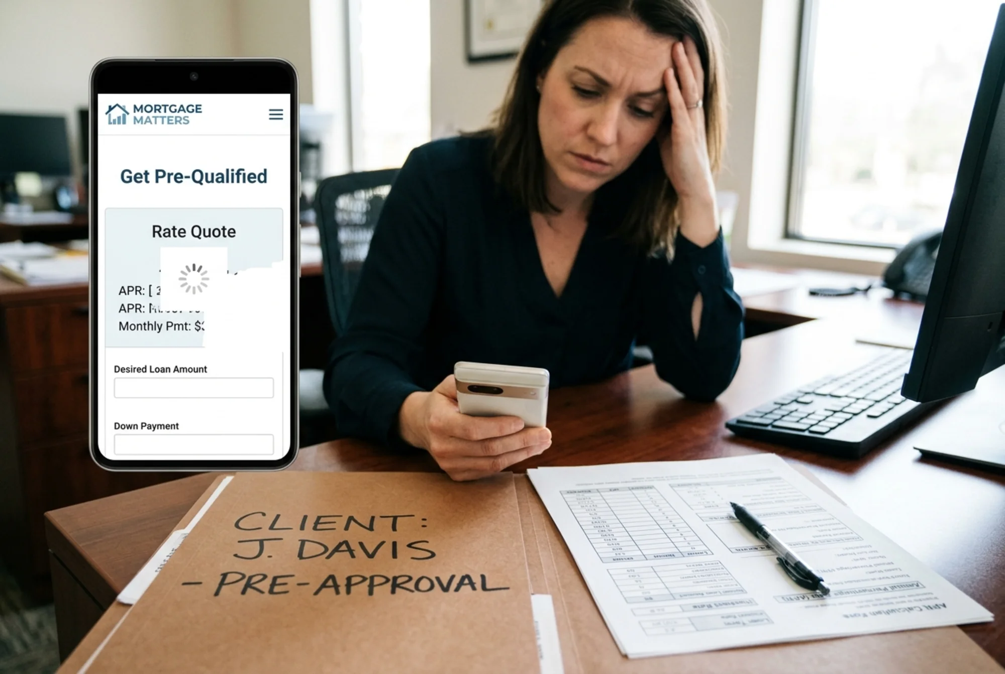 A frustrated loan officer at a desk staring at a phone showing a slow-loading mortgage pre-qualification form with a spinning loader, a partially loaded rate quote visible, a client folder labeled "pre-approval" and a printed APR worksheet beside the phone