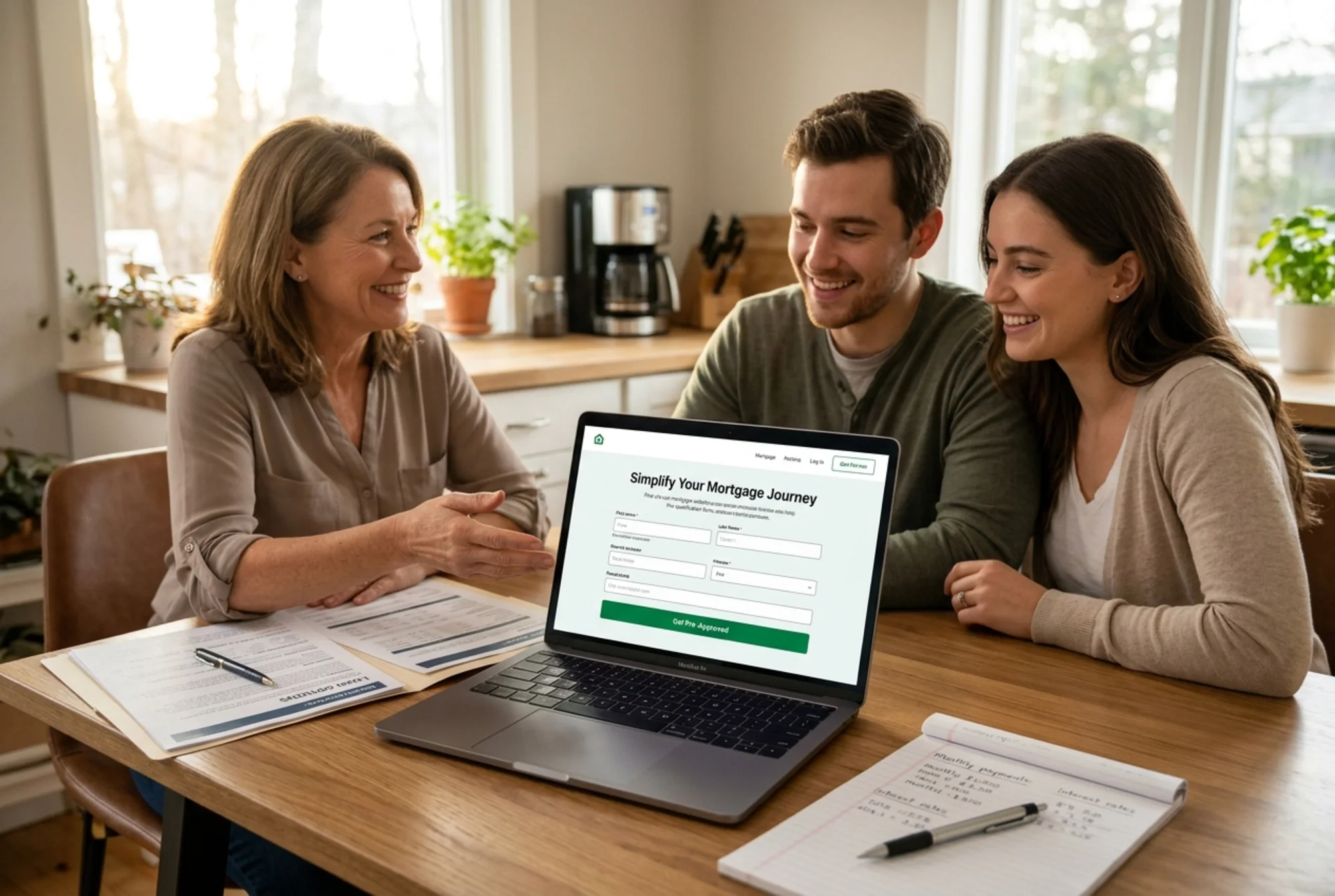 A loan officer smiling at a kitchen table with a young couple, an open laptop between them displaying a clean mortgage pre-qualification page with a clear "Get Pre-Approved" button, a folder of loan options and a notepad with monthly payment numbers visible, late afternoon light