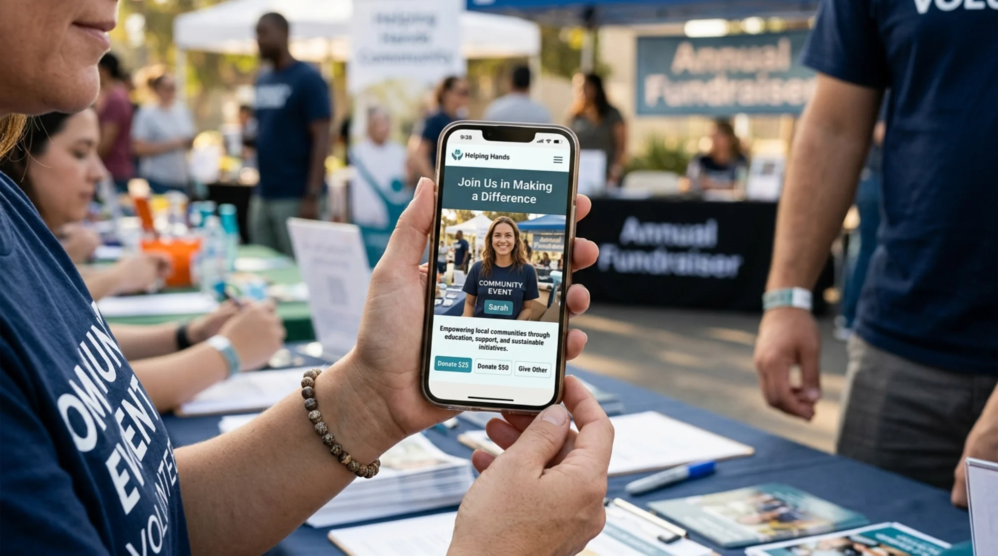 Close-up of a nonprofit homepage on a phone screen showing a "Donate $25" button with a smiling volunteer photo and mission tagline, warm natural lighting, hands holding the device at a community event