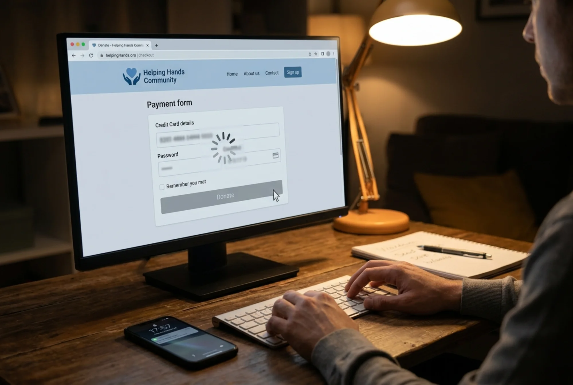 A donation checkout page frozen mid-load with a spinning loader over the credit card field, browser tab visible, cursor hovering over a grayed-out "Donate" button, dim office lighting