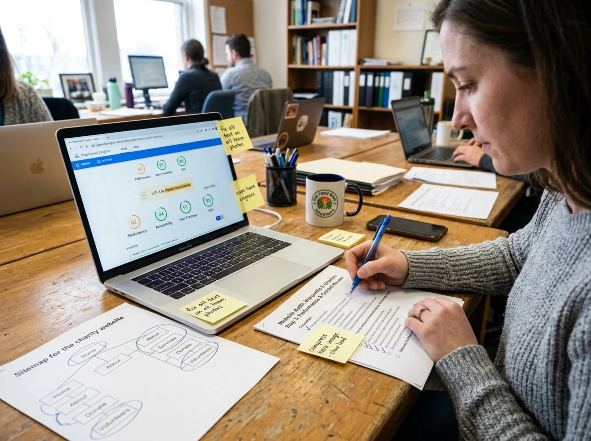 A volunteer coordinator at a shared desk reviewing a printed audit checklist next to a laptop showing Core Web Vitals scores and a sitemap diagram, sticky notes marking "fix alt text" and "compress hero image"