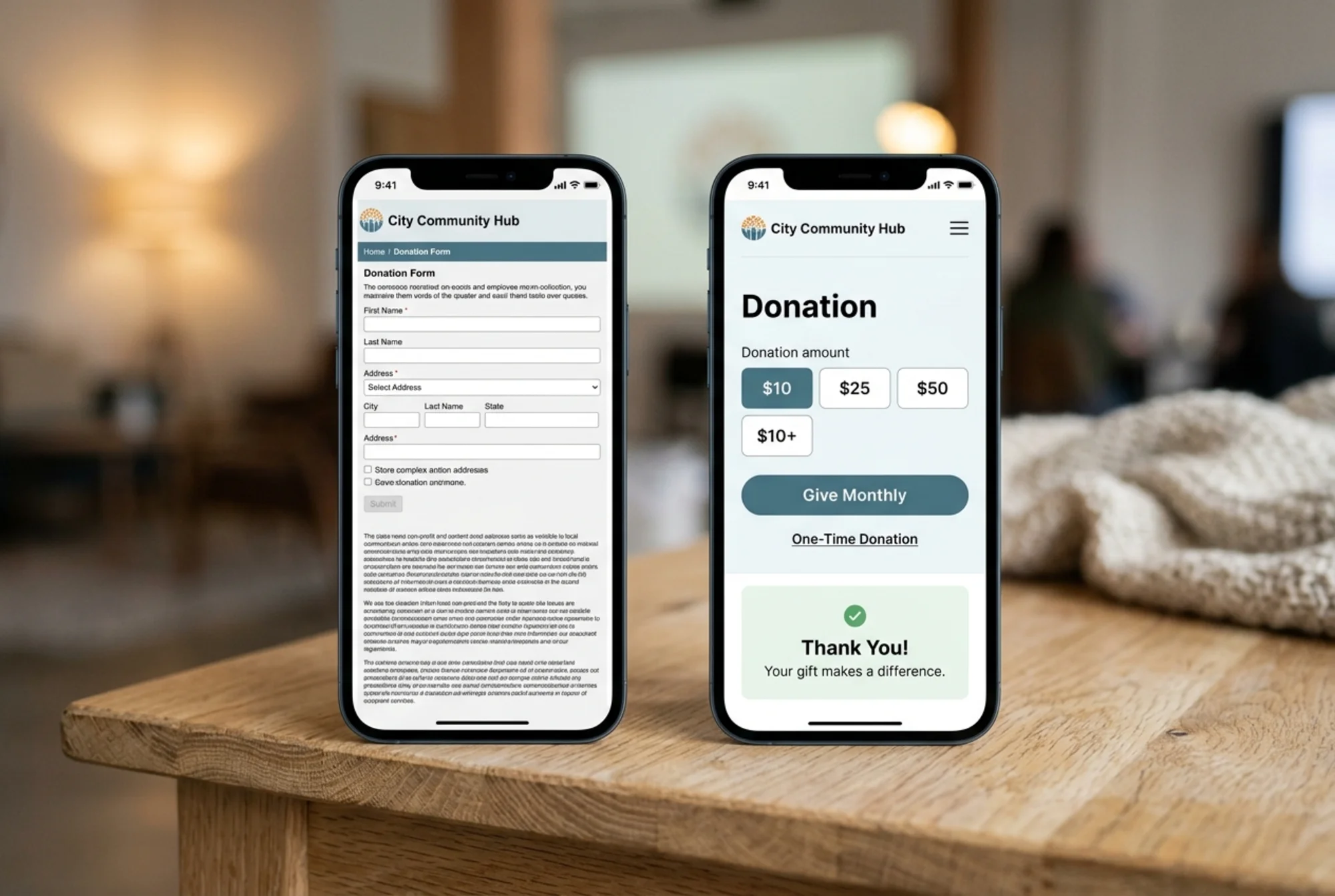 Side-by-side phone screens of a charity's donation page: the left shows a cluttered form with tiny text, the right shows a clean redesigned form with a large "Give Monthly" button and a thank-you confirmation visible