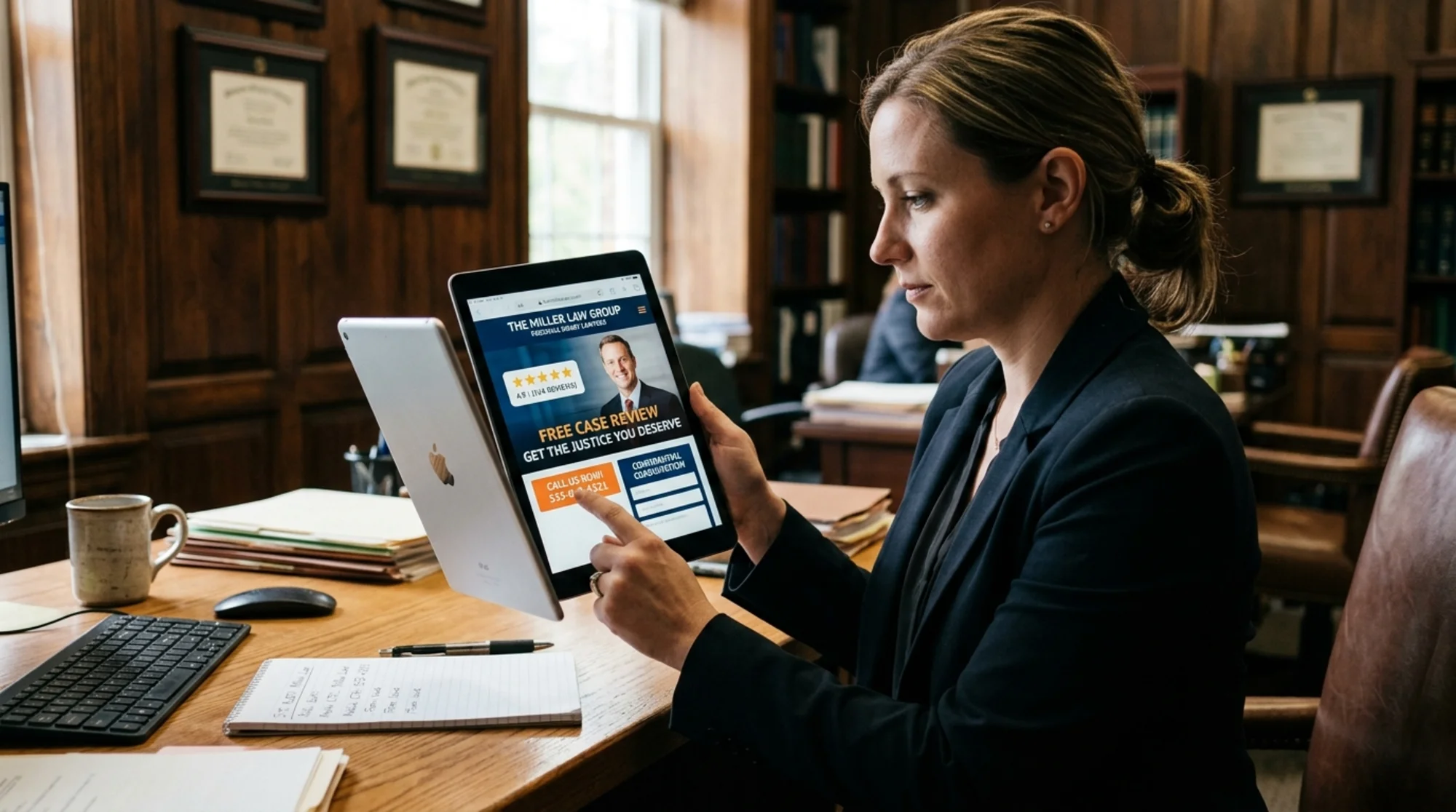 A personal injury law firm homepage open on a tablet held by a paralegal in a wood-paneled office, showing a "Free Case Review" headline, an attorney portrait, a large tap-to-call phone number, and a five-star Google review badge