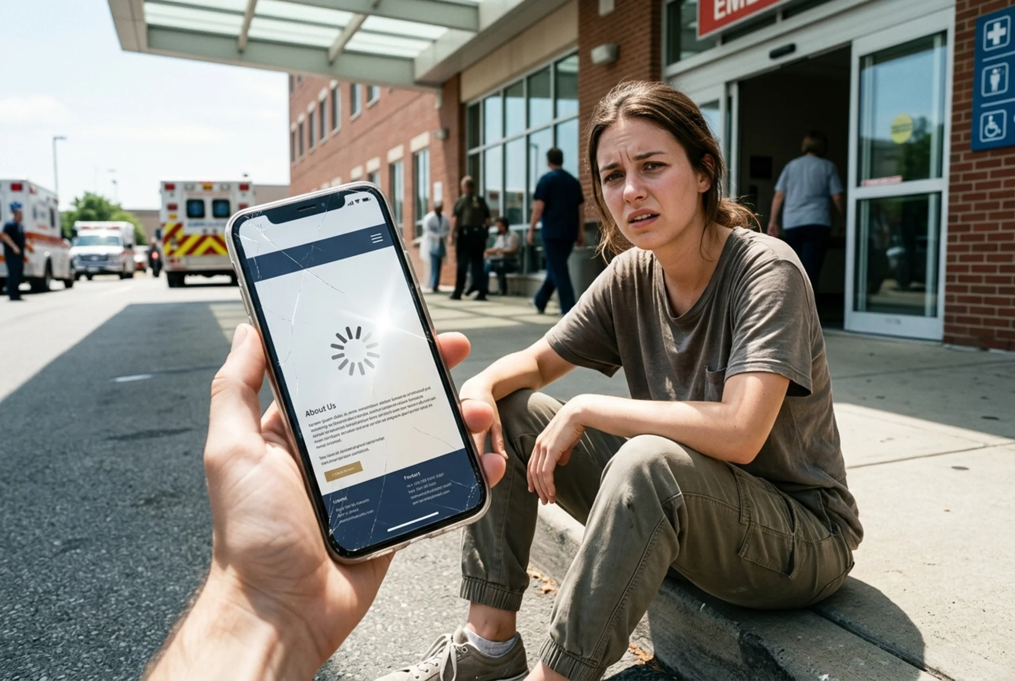 A potential client sitting on a curb outside a hospital emergency entrance, holding a smartphone showing a half-loaded personal injury law firm site with a spinning loader, a tiny footer phone number, and a hamburger menu, with daylight glare on the cracked screen