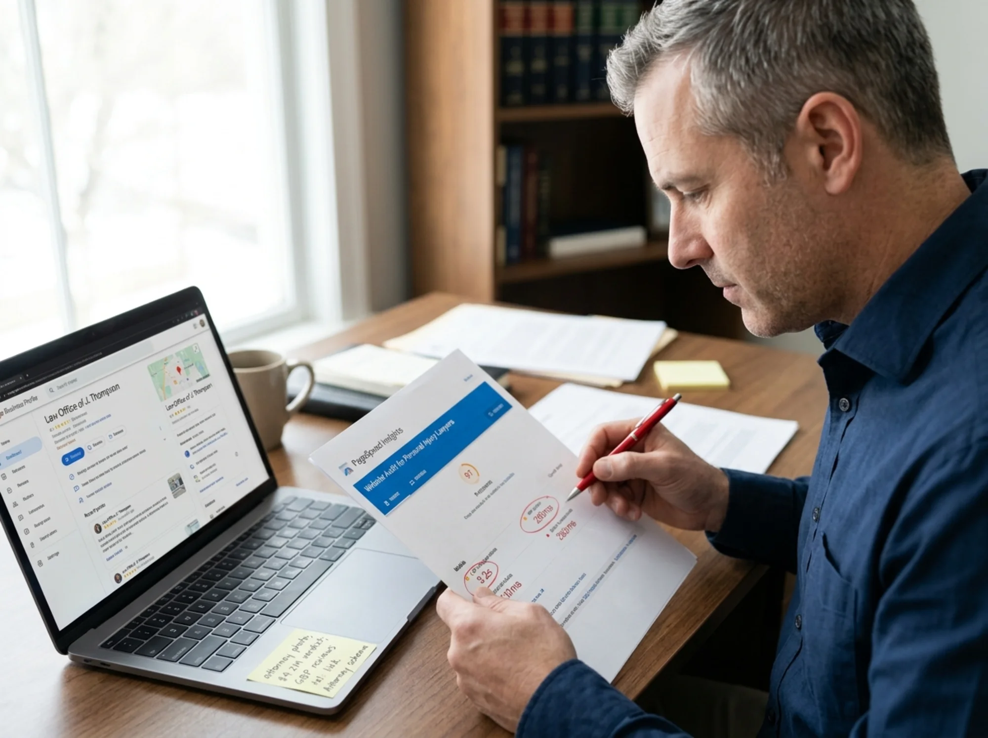 A solo attorney at a desk reviewing a printed PageSpeed Insights mobile report with LCP and INP numbers circled in red pen, beside a sticky note listing "attorney photo, $4.2M verdict, GBP reviews, tel: link, Attorney schema" and an open laptop showing a Google Business Profile dashboard
