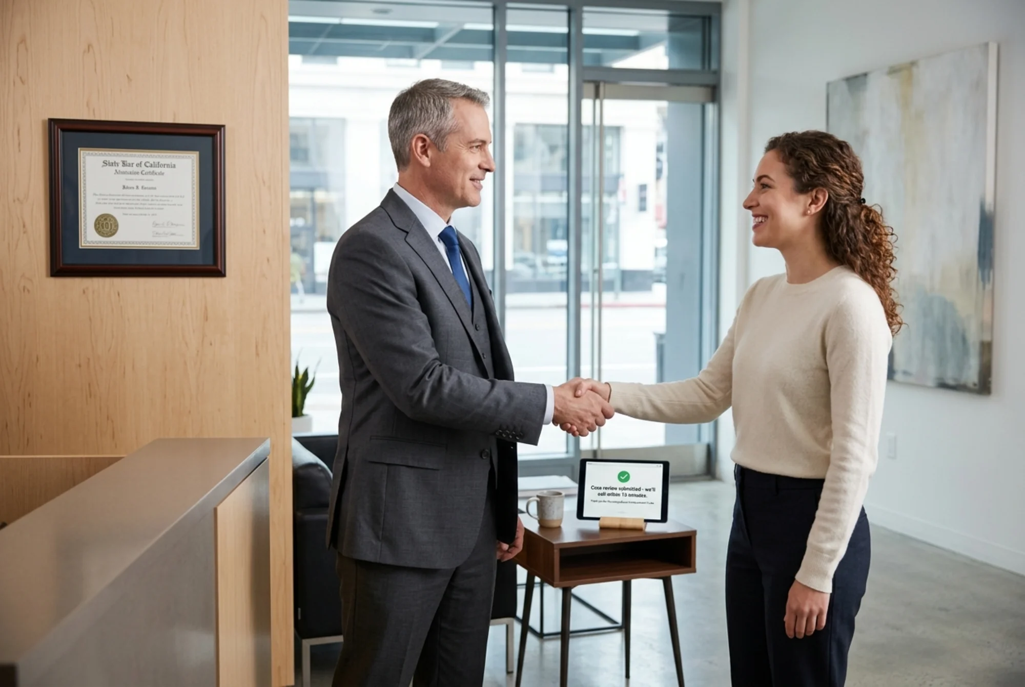 A personal injury attorney shaking hands with a new client in a tidy law office reception area, a state bar admission certificate framed on the wall, a tablet on the side table showing a "Case review submitted - we'll call within 15 minutes" confirmation screen