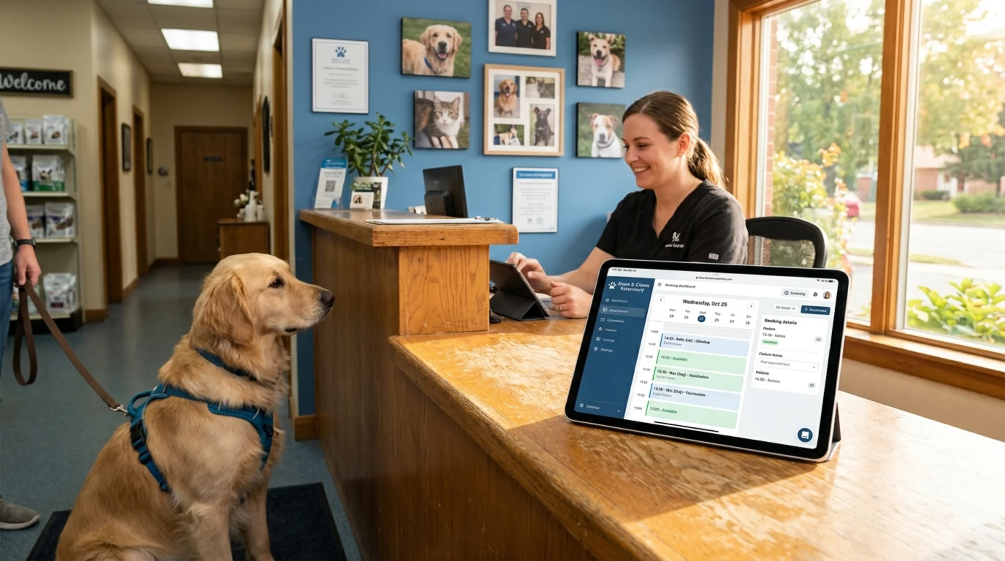 A veterinary clinic reception desk with a tablet displaying an online appointment booking dashboard, a golden retriever calmly waiting beside the counter, warm afternoon light through a front window, framed pet photos on the wall behind the desk