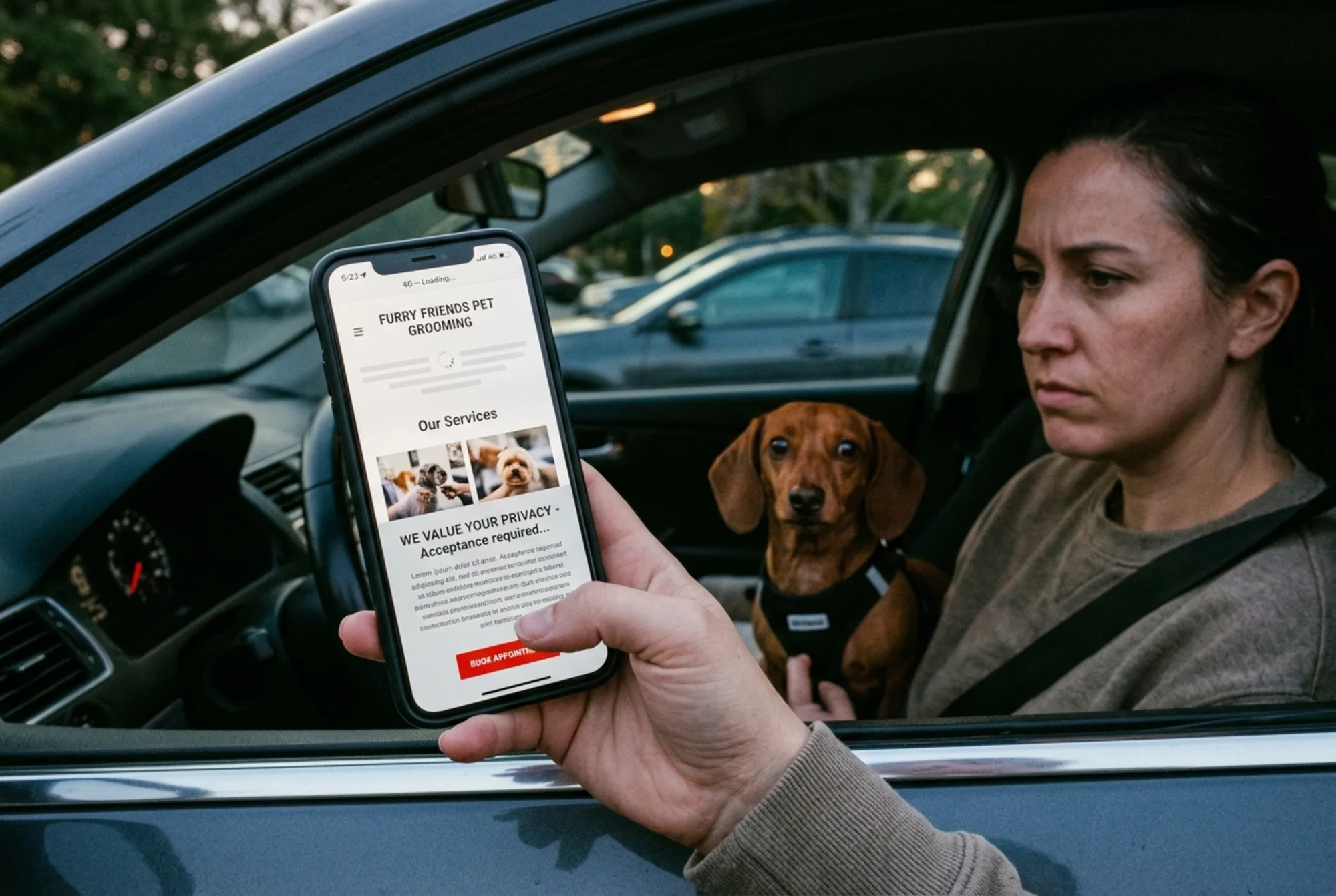 A pet owner in a parked car holding a smartphone showing a slow-loading pet grooming website with a tiny "Book Appointment" button partially blocked by a large cookie consent banner, an anxious-looking dachshund visible in the back seat, evening light