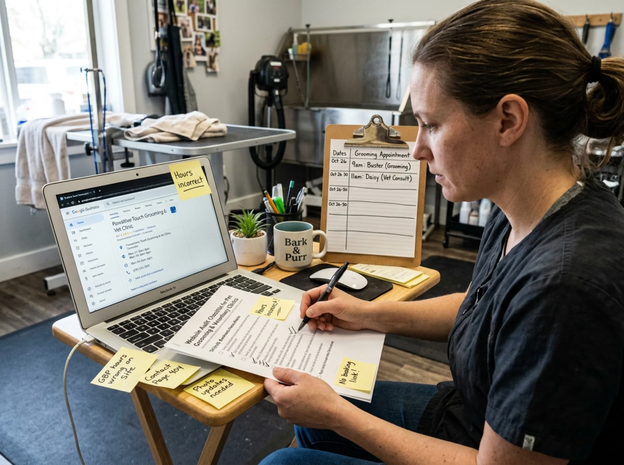 A grooming shop owner at a small desk comparing a printed audit checklist with a laptop screen showing a Google Business Profile listing, sticky notes marking issues, a clipboard with appointment schedule beside the keyboard